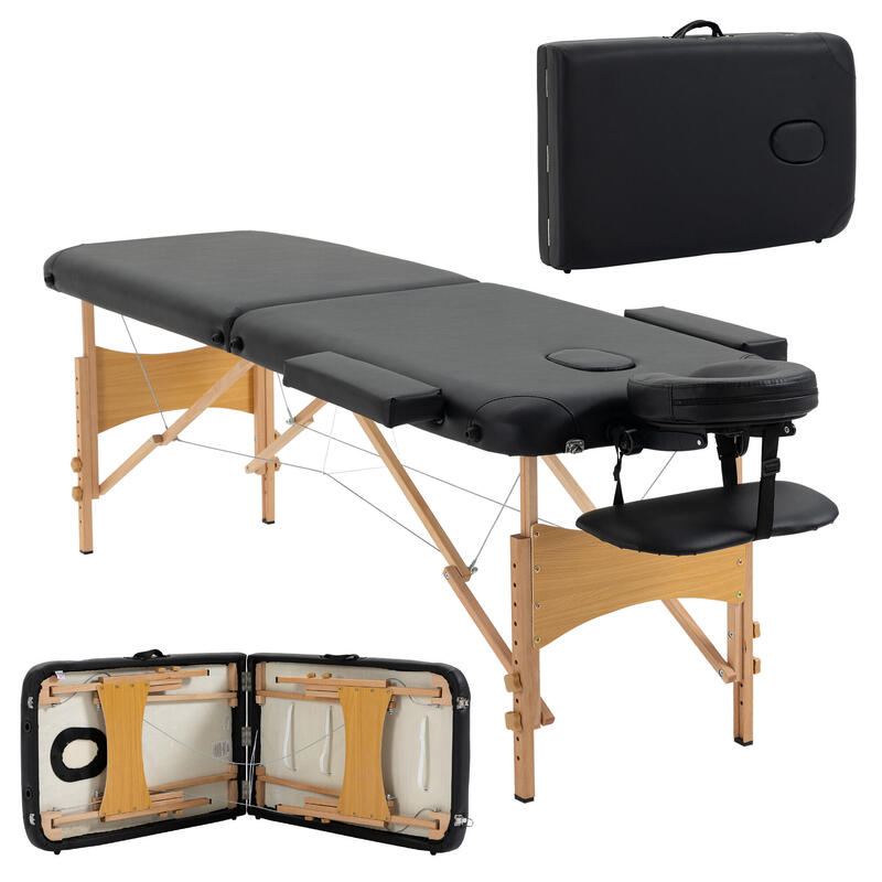 HOMCOM Masă de Masaj Pliabilă  cu Înălțime Reglabilă din Lemn Negru