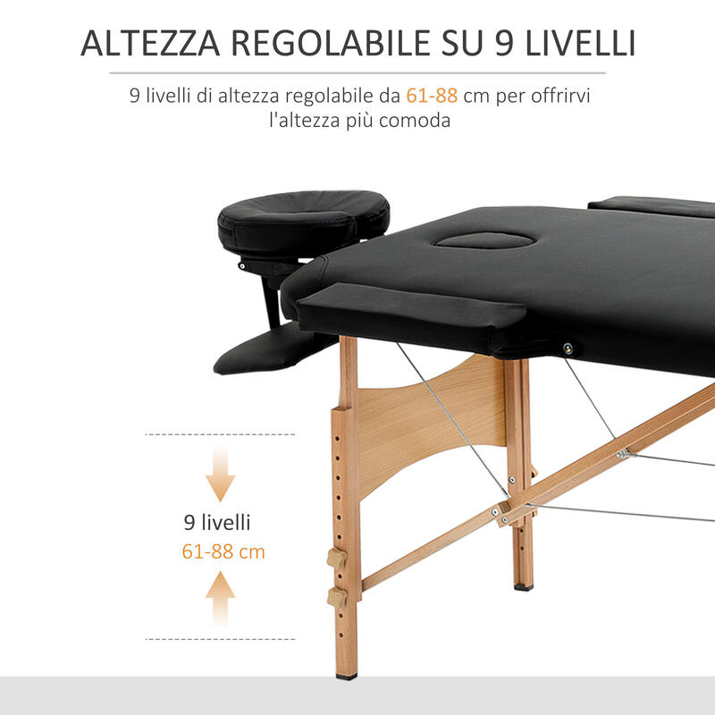 HOMCOM Masă de Masaj Pliabilă  cu Înălțime Reglabilă din Lemn Negru