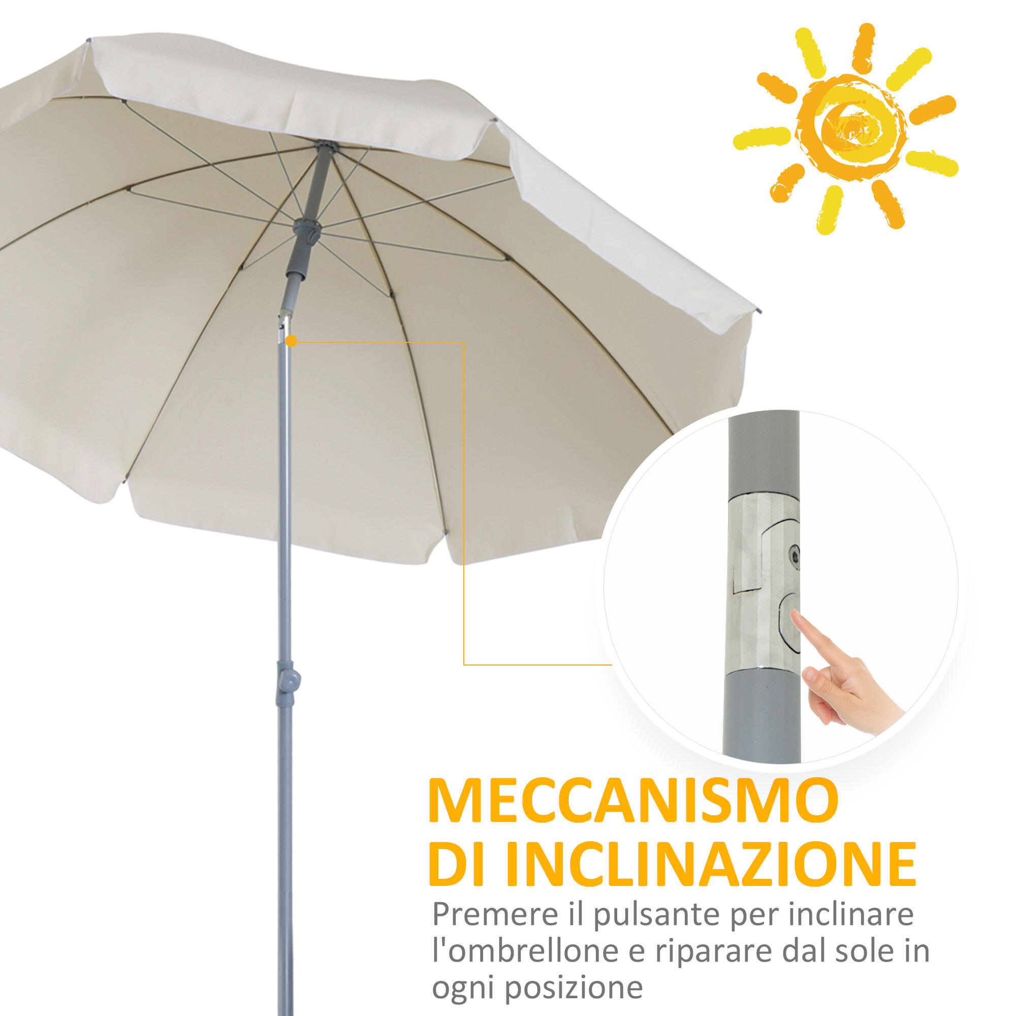 Outsunny Ombrellone da Esterno 2x2.3 m con Tettuccio Inclinabile Crema 4/7
