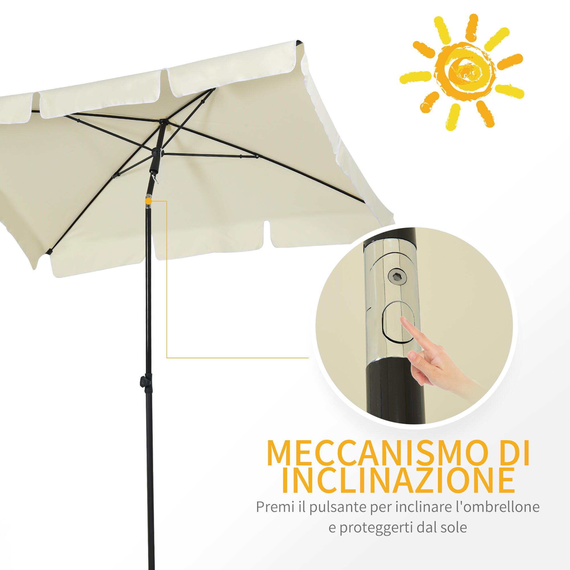 Outsunny Ombrellone da Esterno 2x1.3 m Rettangolare e Inclinabile Beige 4/8