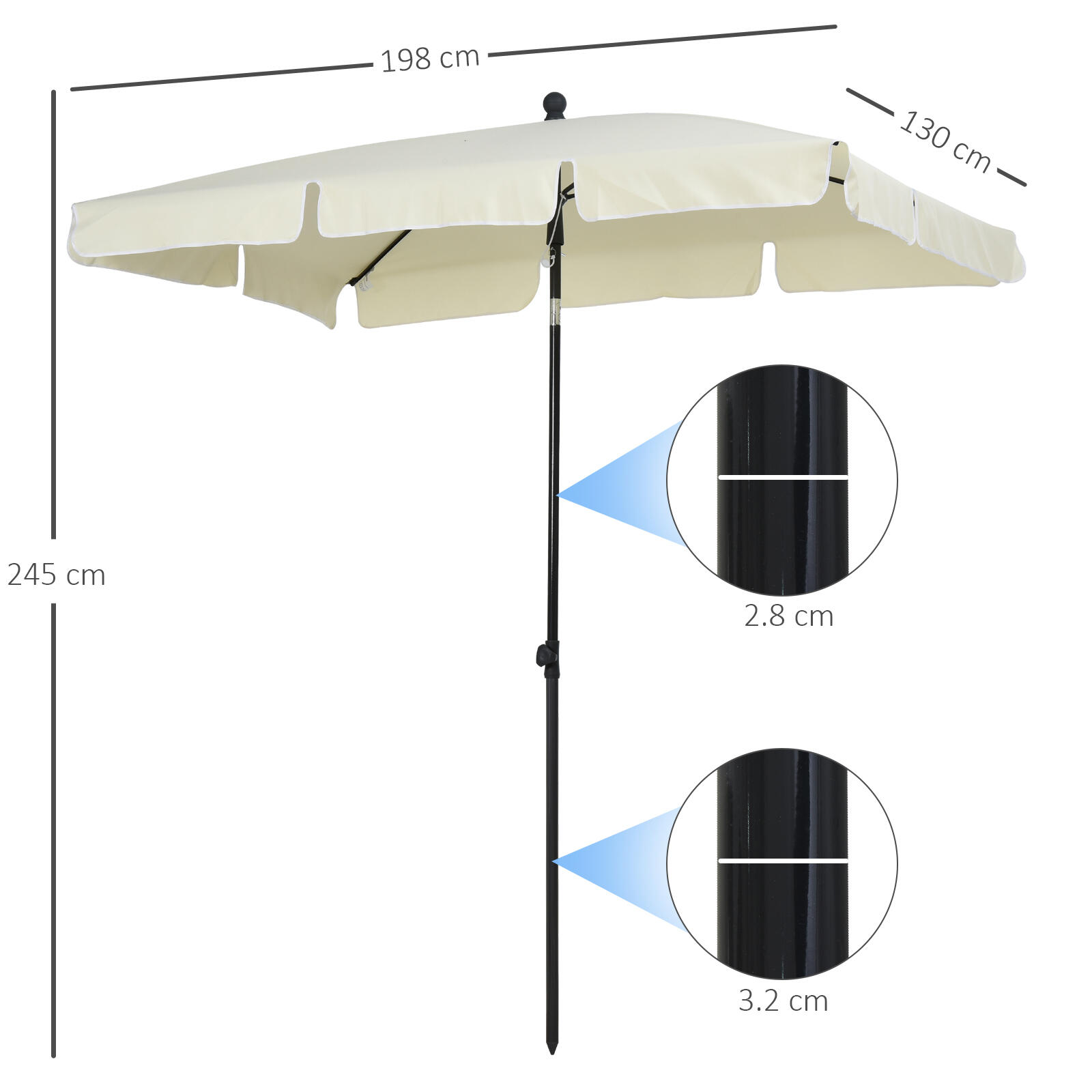 Outsunny Ombrellone da Esterno 2x1.3 m Rettangolare e Inclinabile Beige 3/8