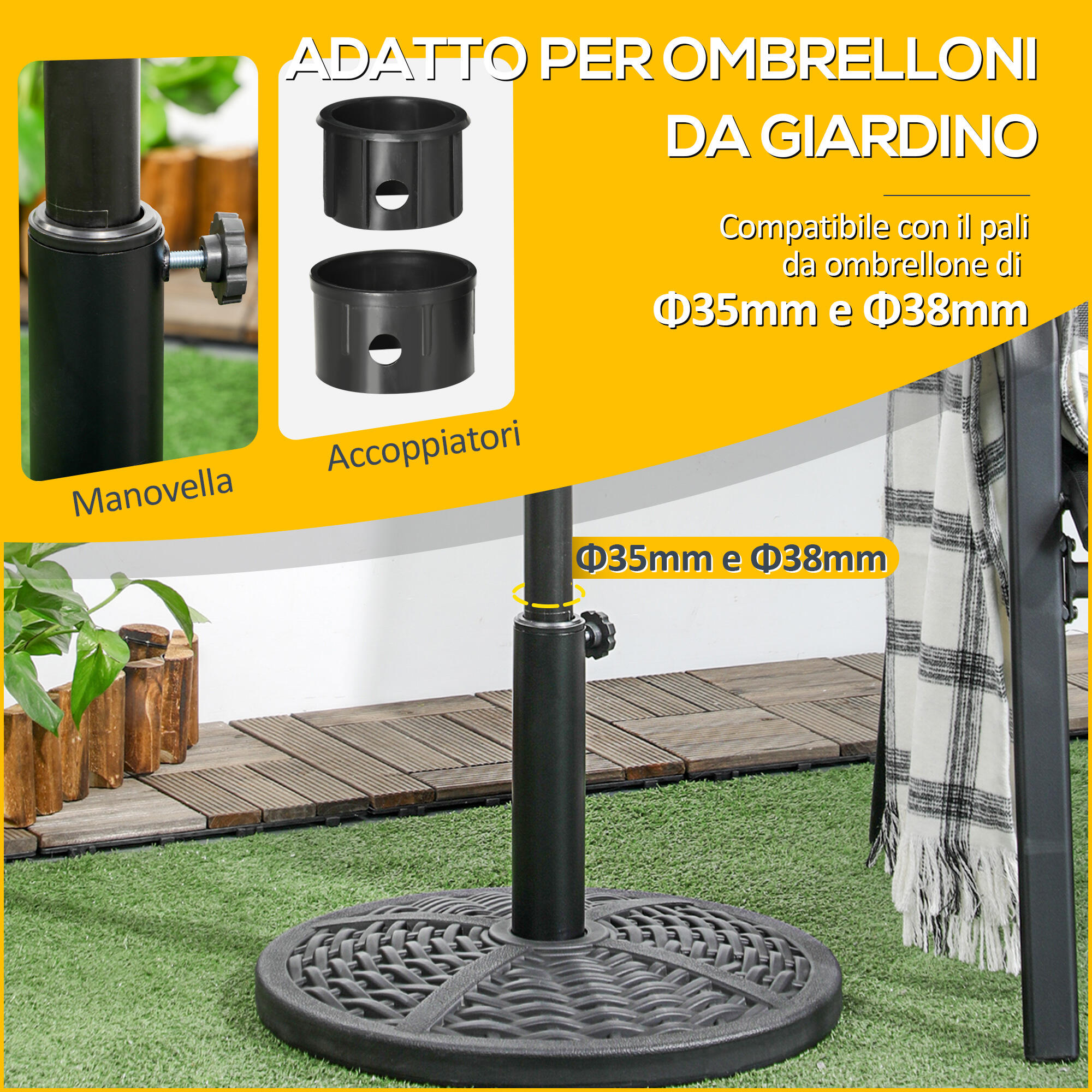 Outsunny Base per Ombrellone Rotonda Effetto Rattan Peso 9.5kg Ø45cm Nero 4/7