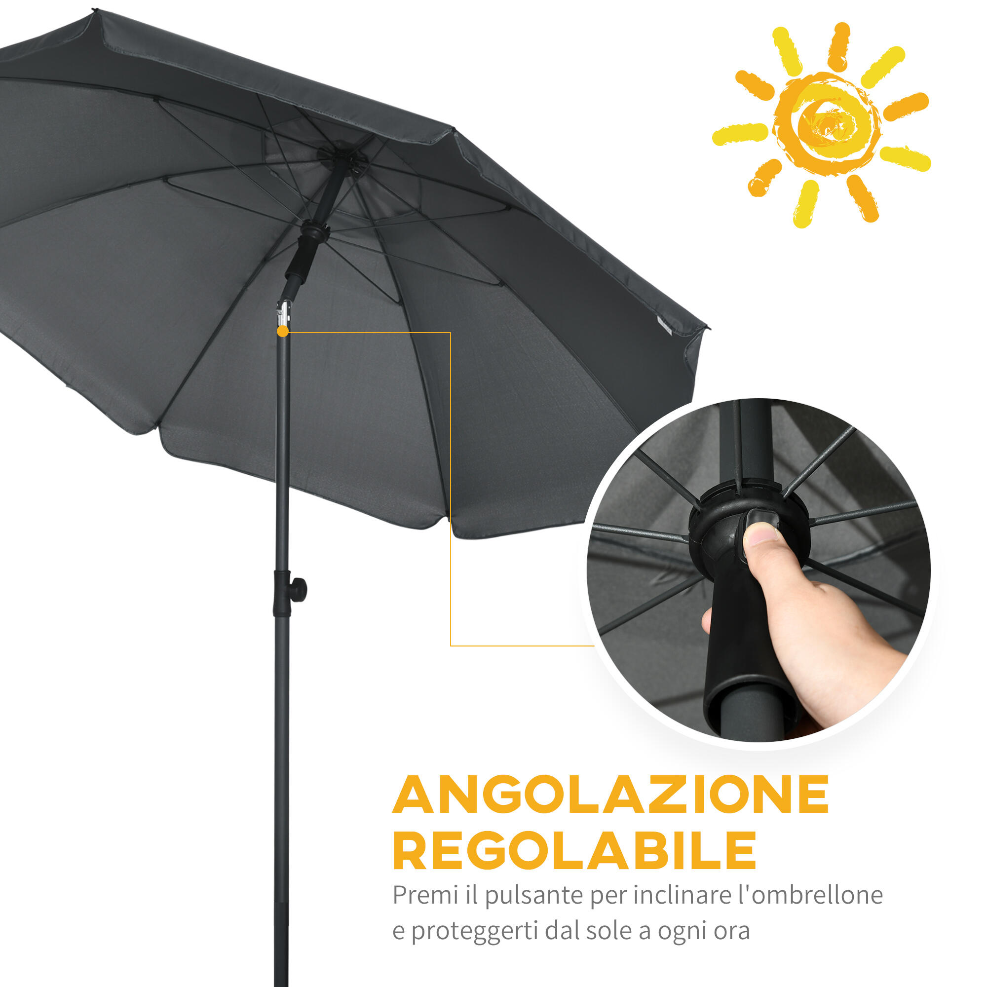 Outsunny Ombrellone da Spiaggia 1.8x2m a 8 Stecche e Tettuccio Reclinabile 45° 5/7