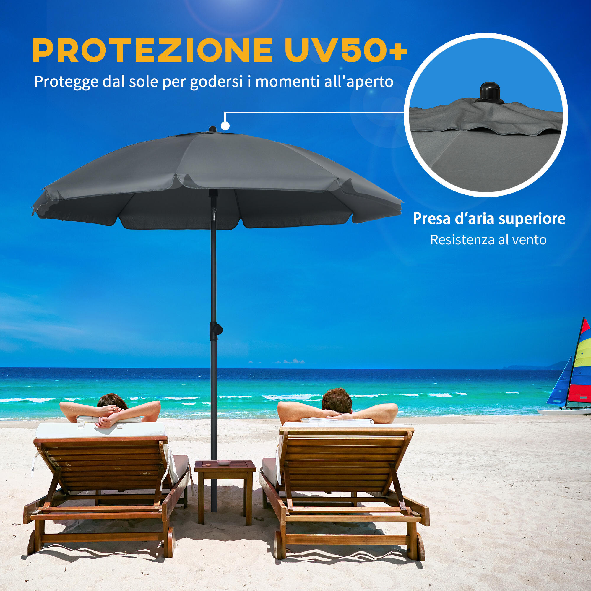 Outsunny Ombrellone da Spiaggia 1.8x2m a 8 Stecche e Tettuccio Reclinabile 45° 4/7