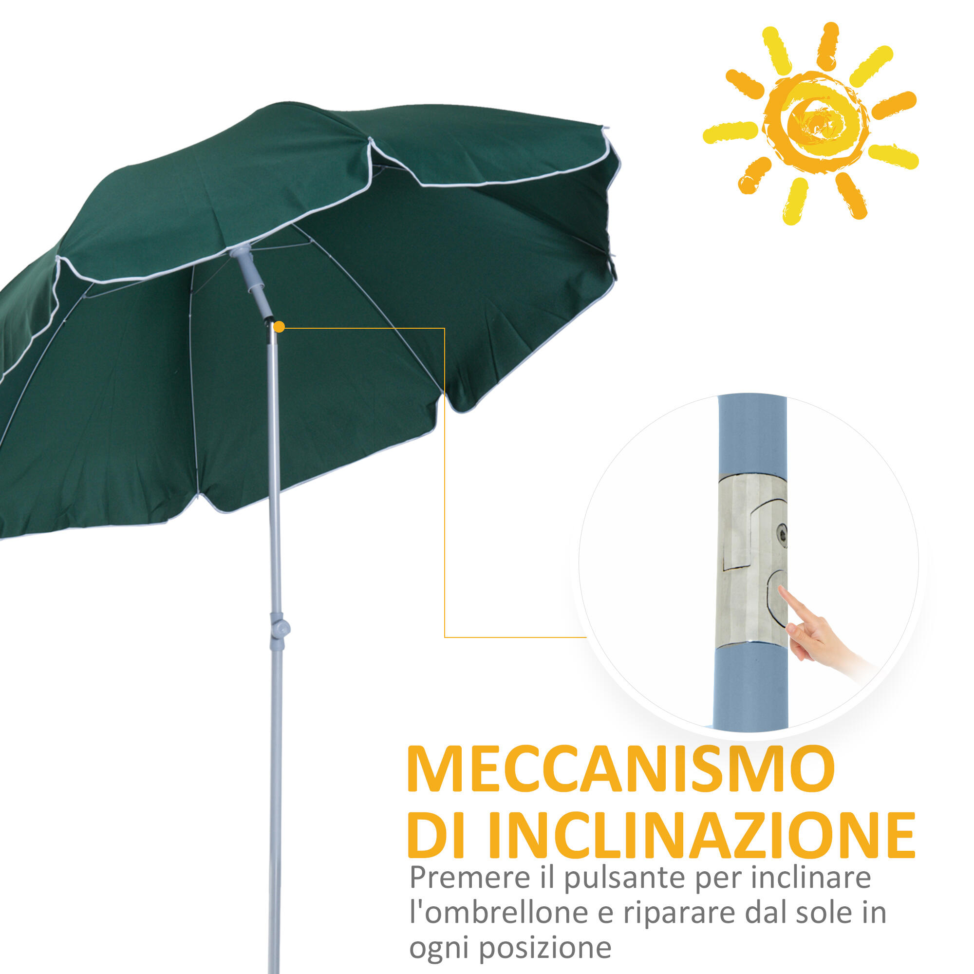 Outsunny Ombrellone da Esterno 2x2.3 m con Tettuccio Inclinabile Verde 5/7