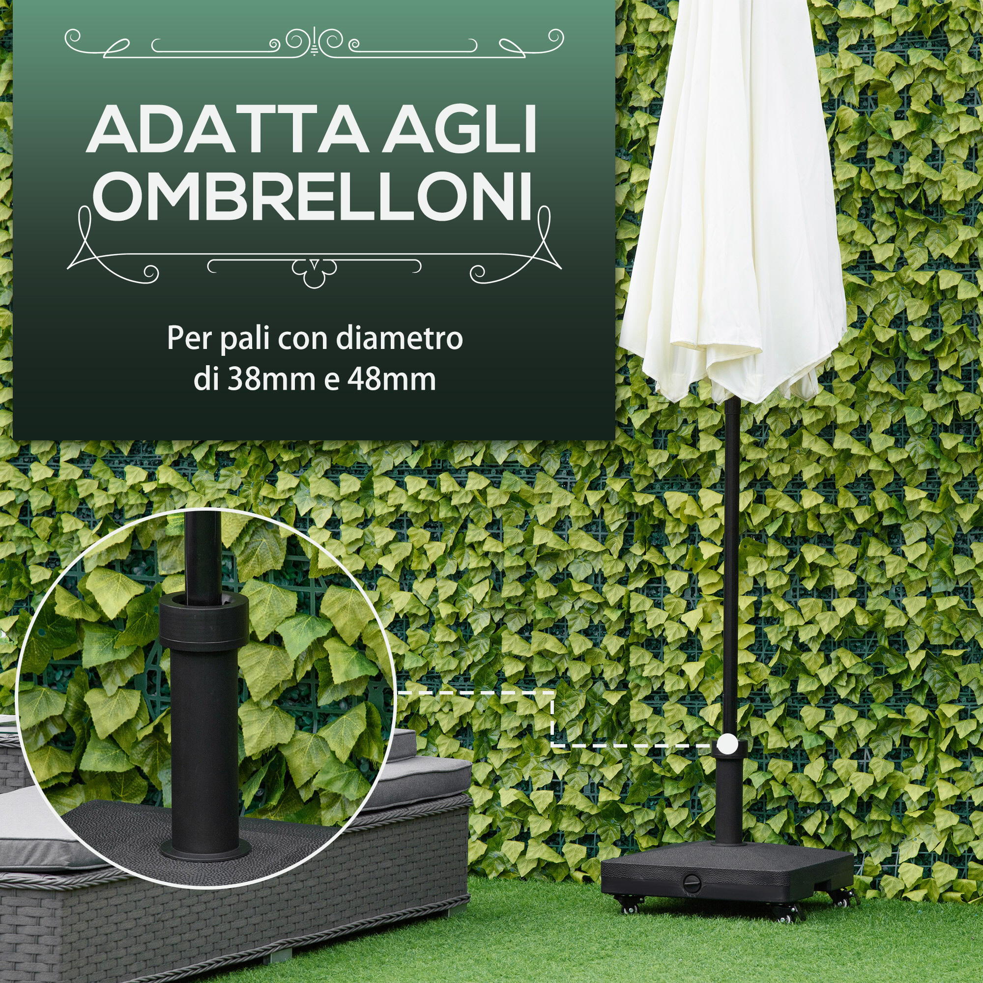Outsunny Base per Ombrellone con Ruote Riempibile fino a 20kg per Pali Ø28-38mm 4/8