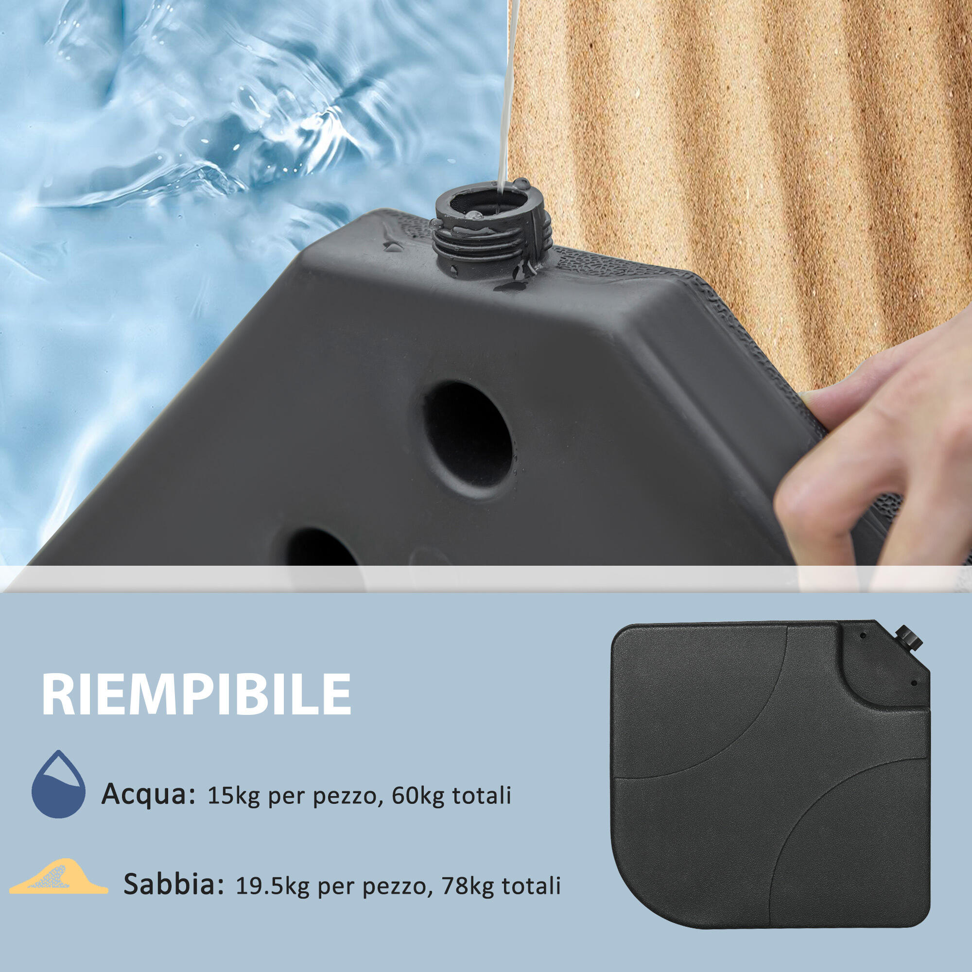 Outsunny Base per Ombrellone Set 4 Pezzi in HDPE Riempibile con Acqua o Sabbia 5/7