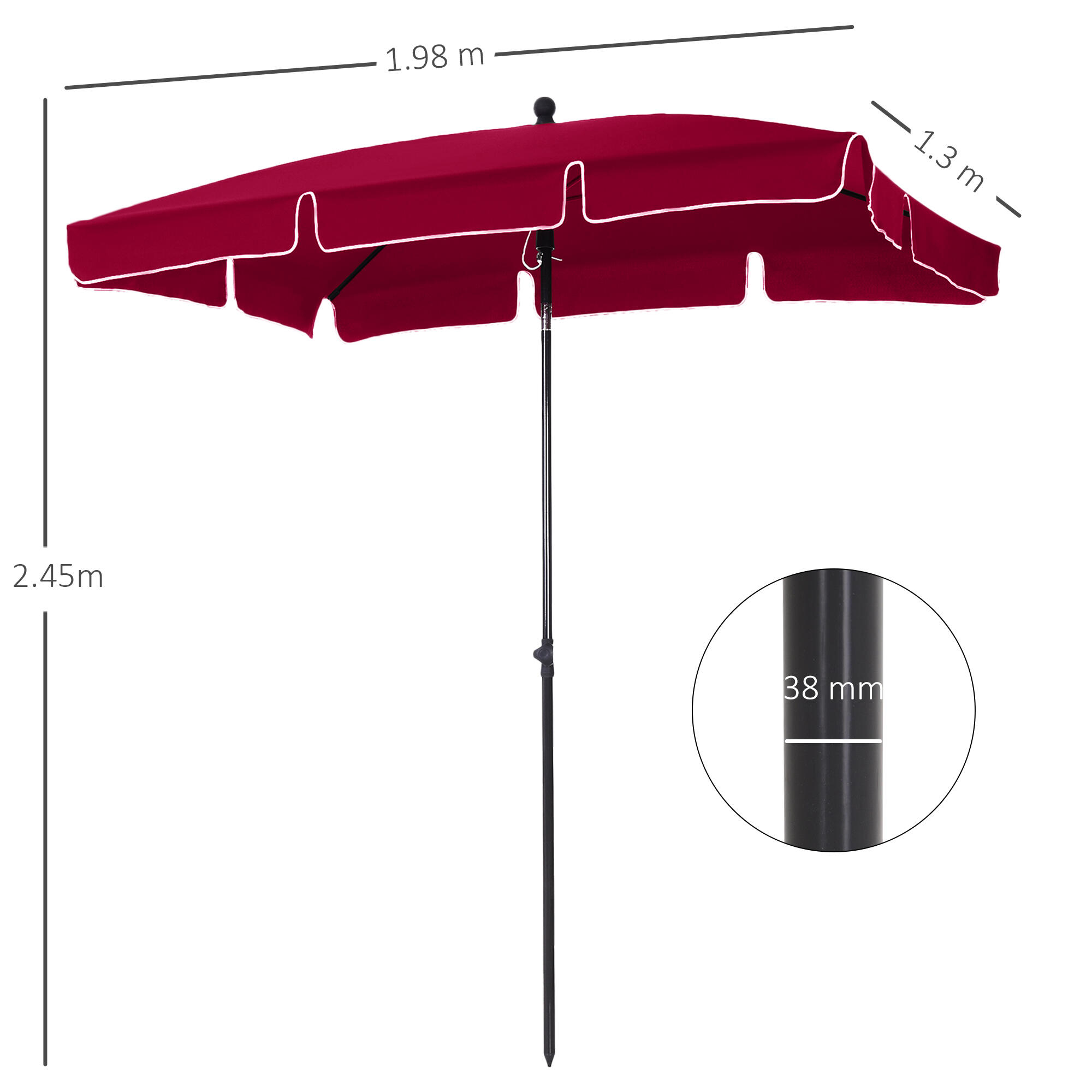 Outsunny Ombrellone da Esterno Rettangolare 2x2.4 m Rosso 3/7