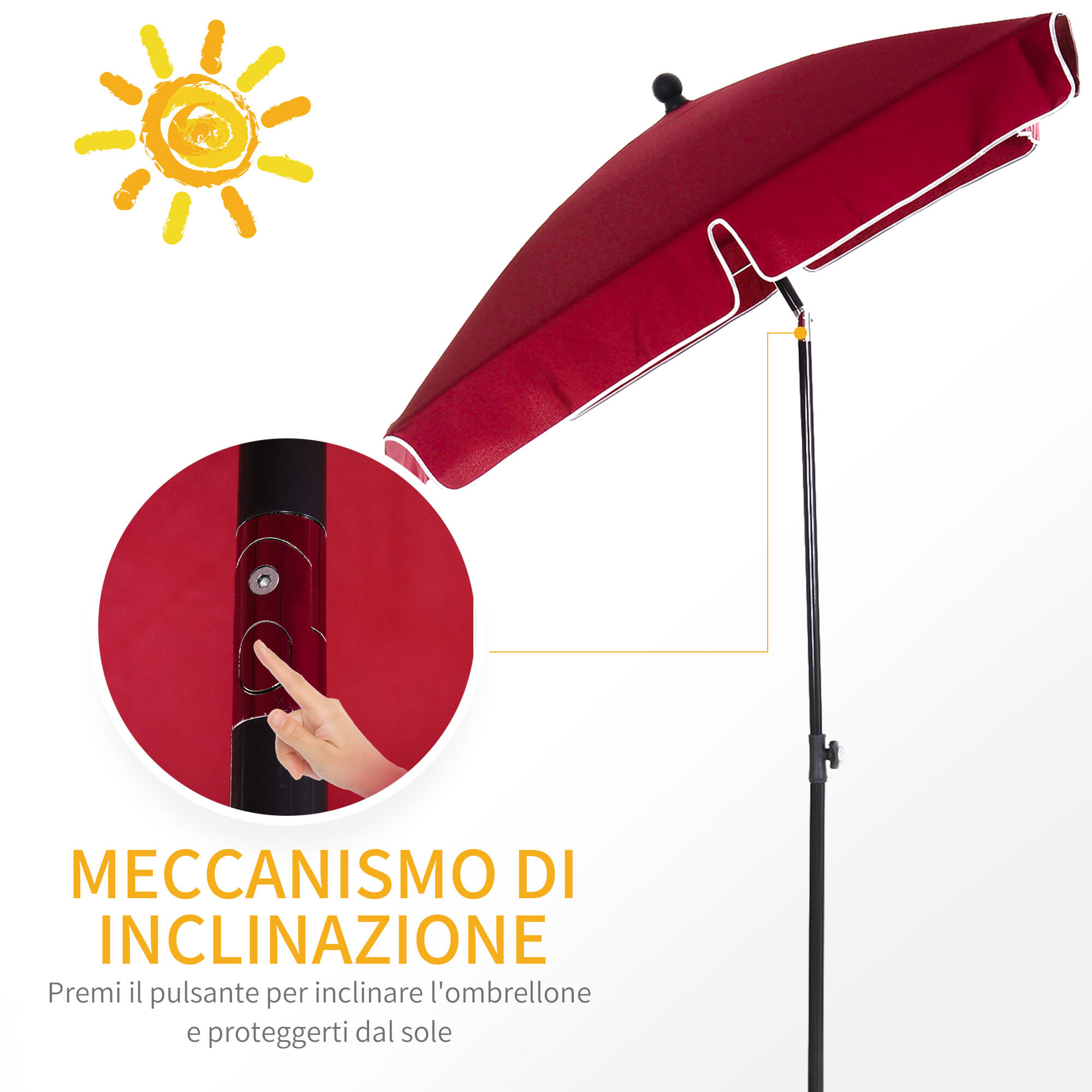 Outsunny Ombrellone da Esterno Rettangolare 2x2.4 m Rosso 4/7