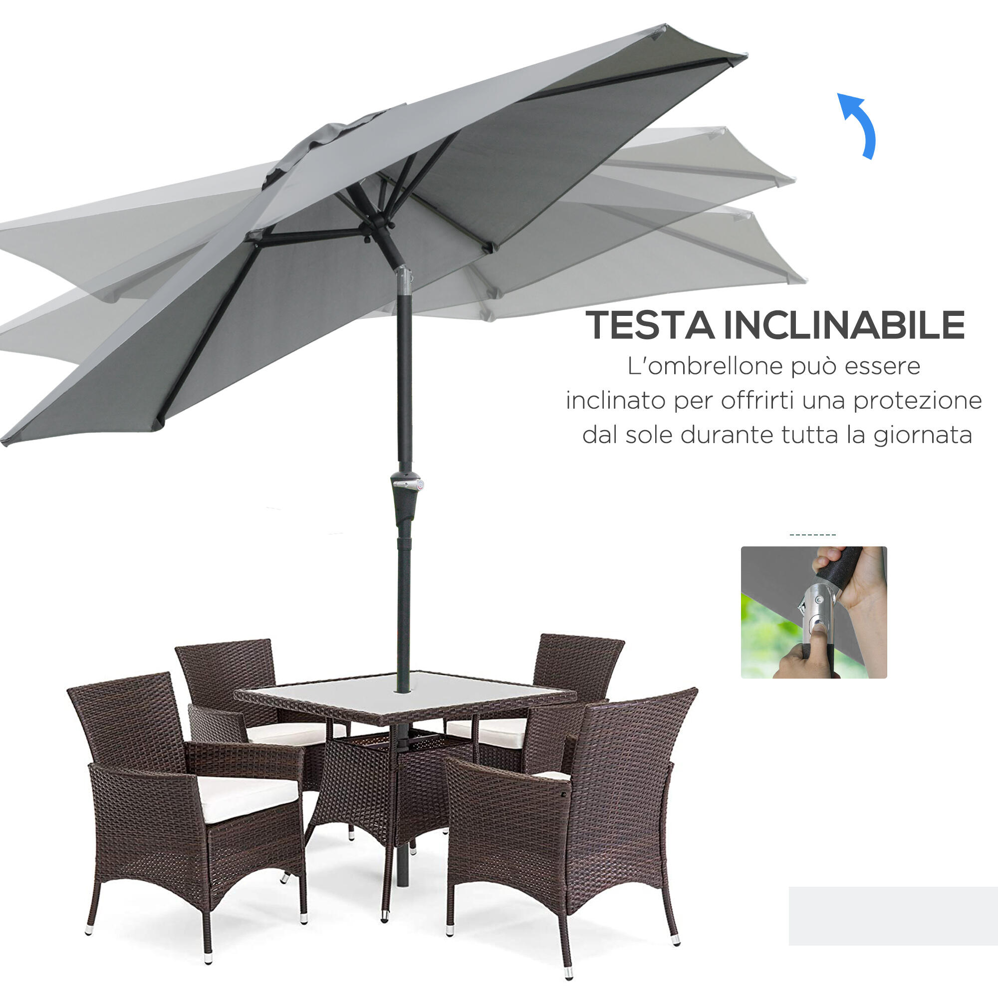 Outsunny Ombrellone da Esterno Inclinabile 2.3x2m Apertura a Manovella Grigio 5/7