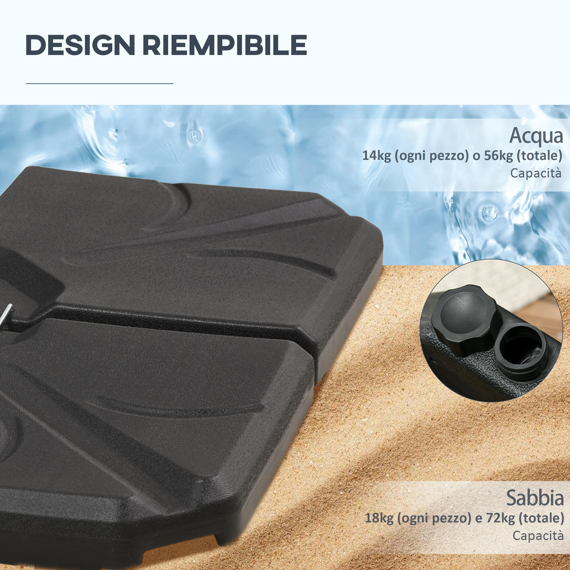 Outsunny Base per Ombrellone 4 Pezzi in Plastica Riempibili con Acqua e Sabbia 5/8