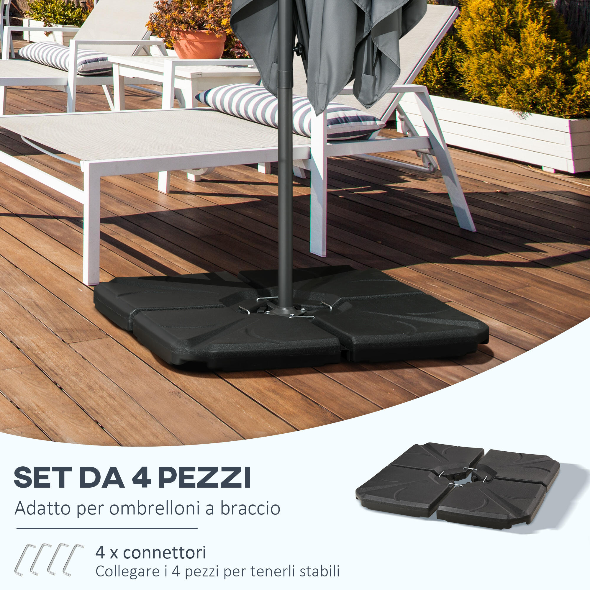 Outsunny Base per Ombrellone 4 Pezzi in Plastica Riempibili con Acqua e Sabbia 4/8