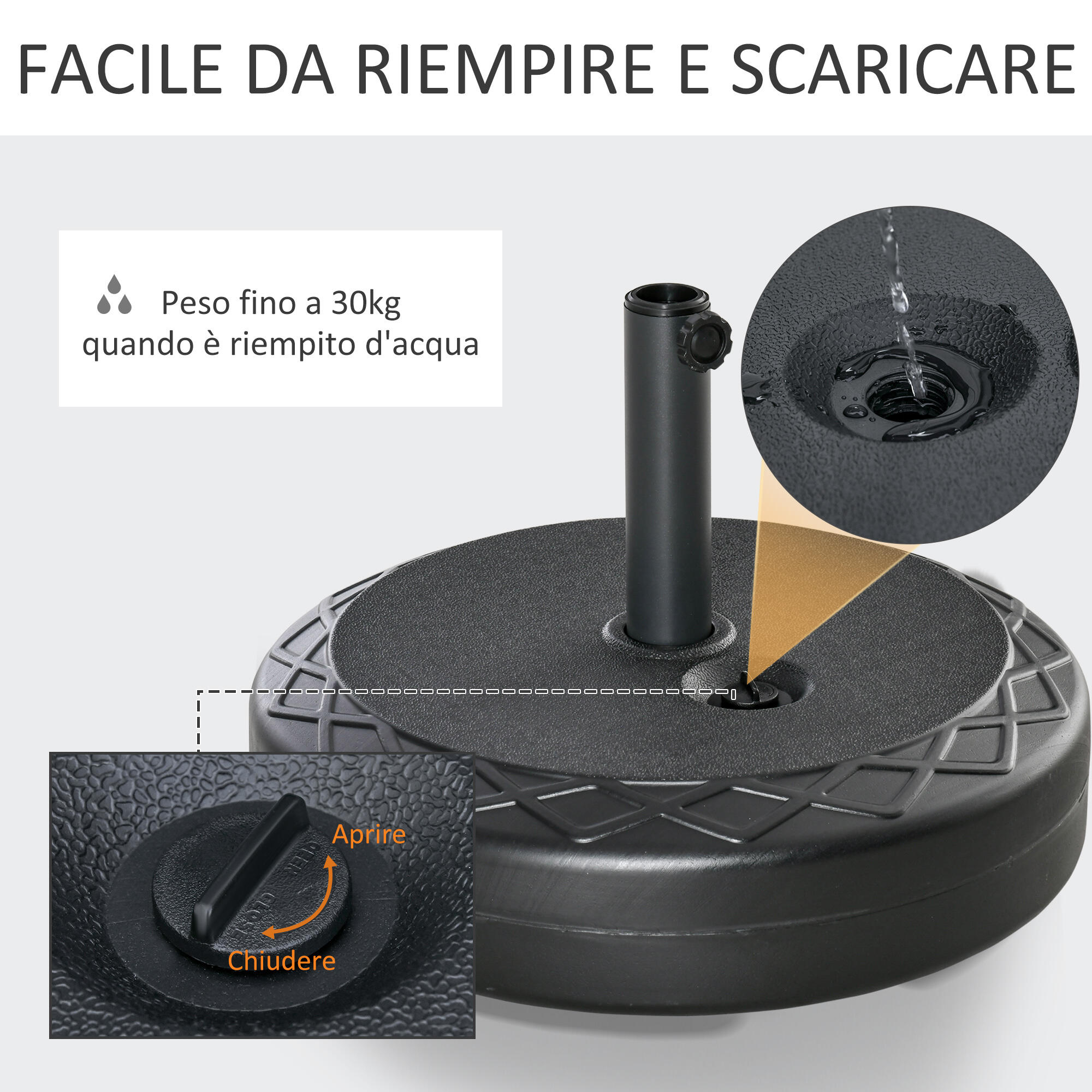 Outsunny Base Ombrellone Rotonda Φ55cm Basamento da 30kg Pali da 38-48mm Nero 5/7