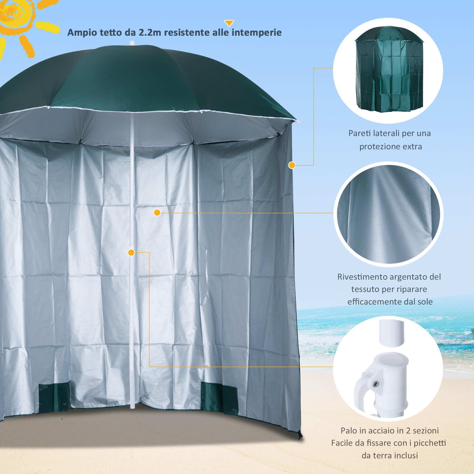 Outsunny Ombrellone da Spiaggia 2x2 m con Tenda Parasole 5/7