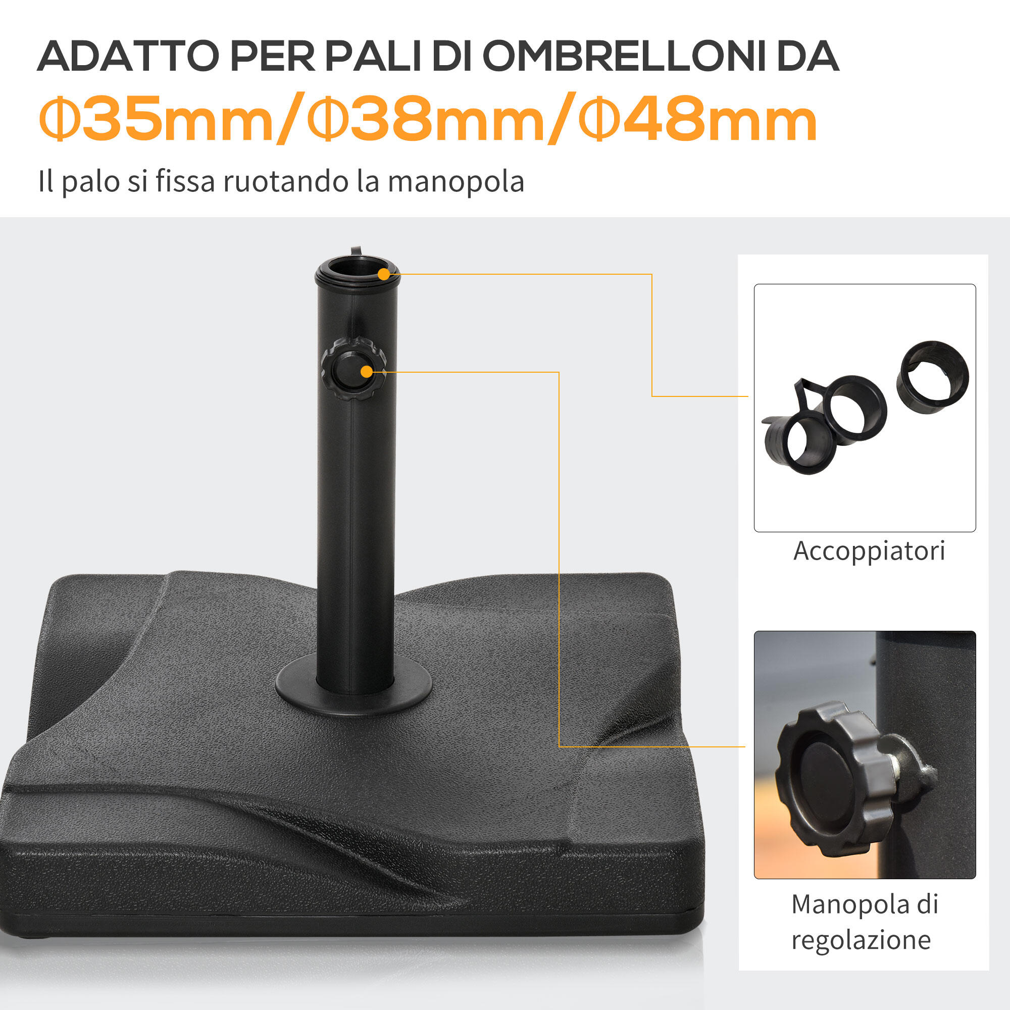 Outsunny Base per Ombrellone Quadrata in Plastica 20kg per Pali da 32-38-48mm 5/7