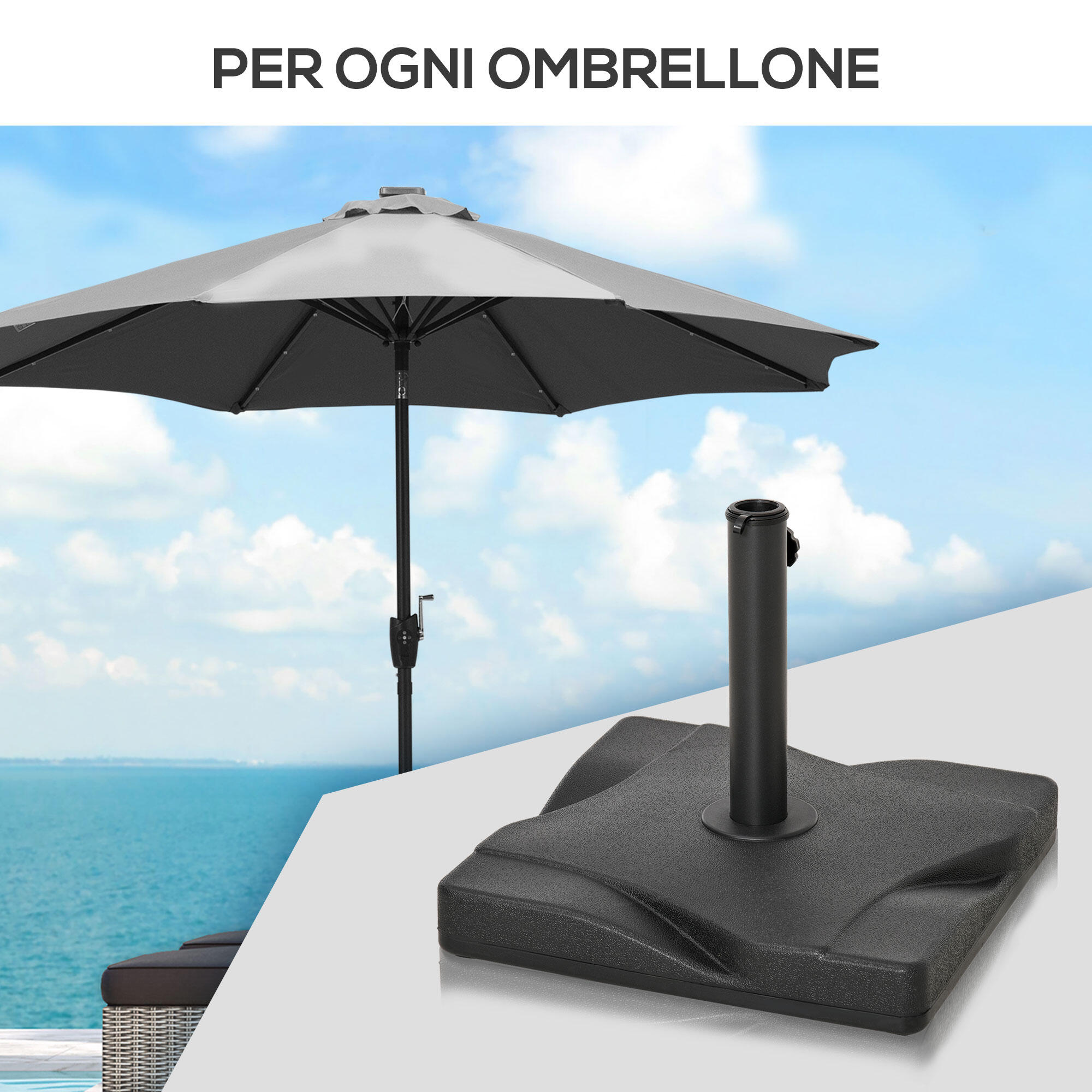 Outsunny Base per Ombrellone Quadrata in Plastica 20kg per Pali da 32-38-48mm 6/7