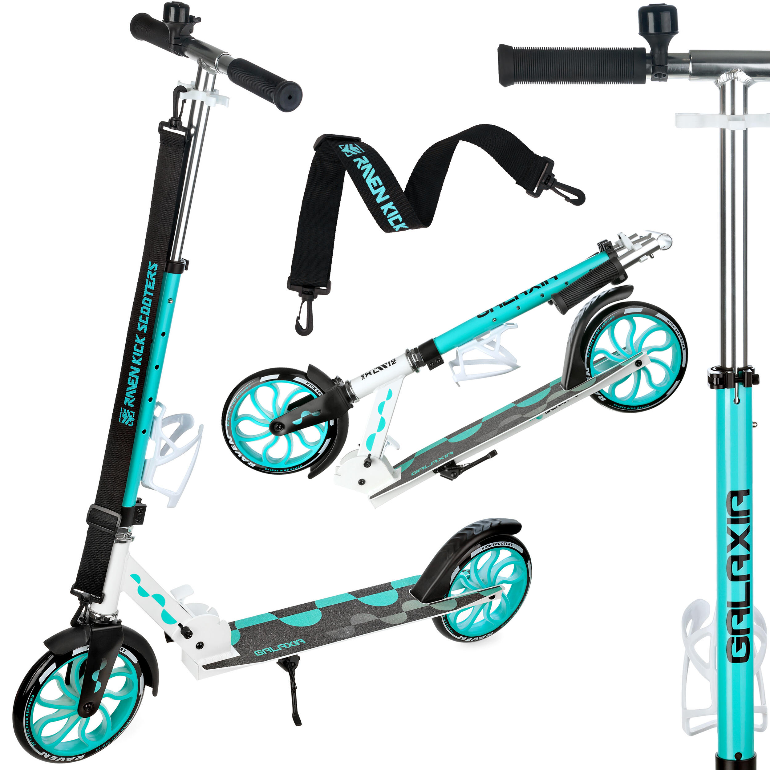 RAVEN Klappbarer Scooter mit Klingel, Flaschenhalter, Galaxia Leuchtende LED-Räder