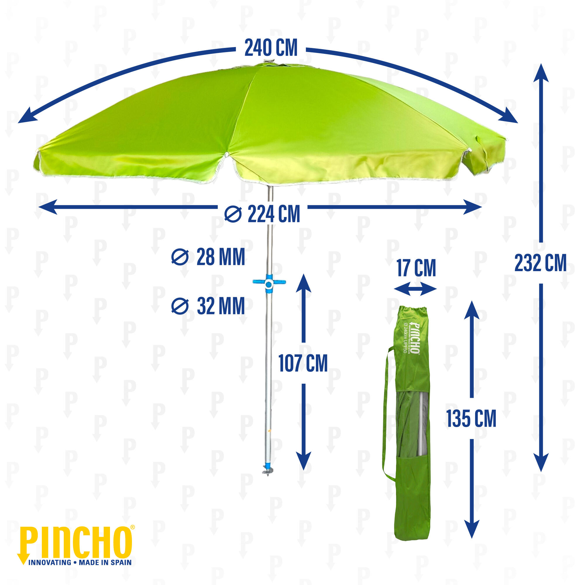 Sombrilla Playa Grande 240 cm, Antiviento hasta 35km/h, protección UV 50 5/7