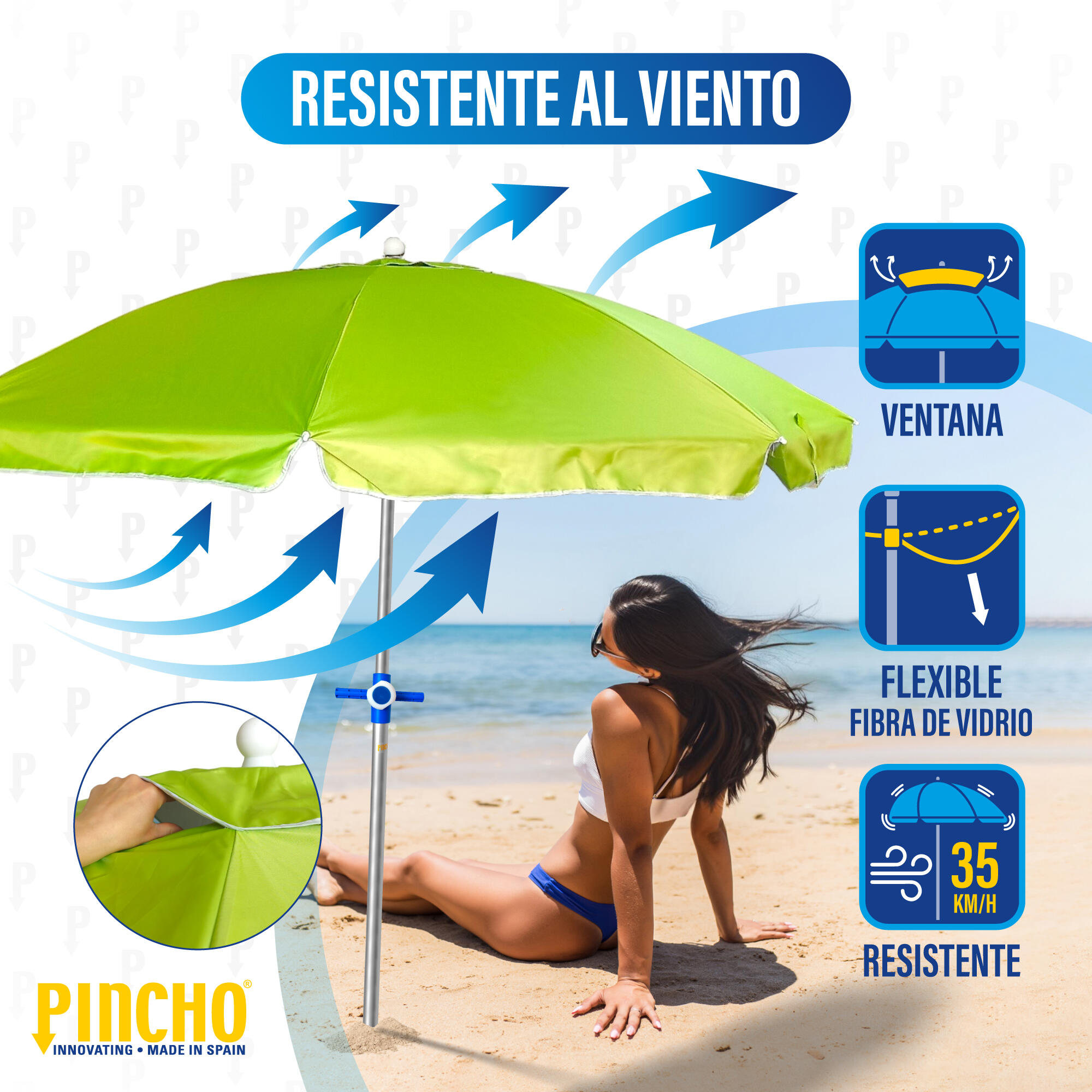 Sombrilla Playa Grande 240 cm, Antiviento hasta 35km/h, protección UV 50 2/7