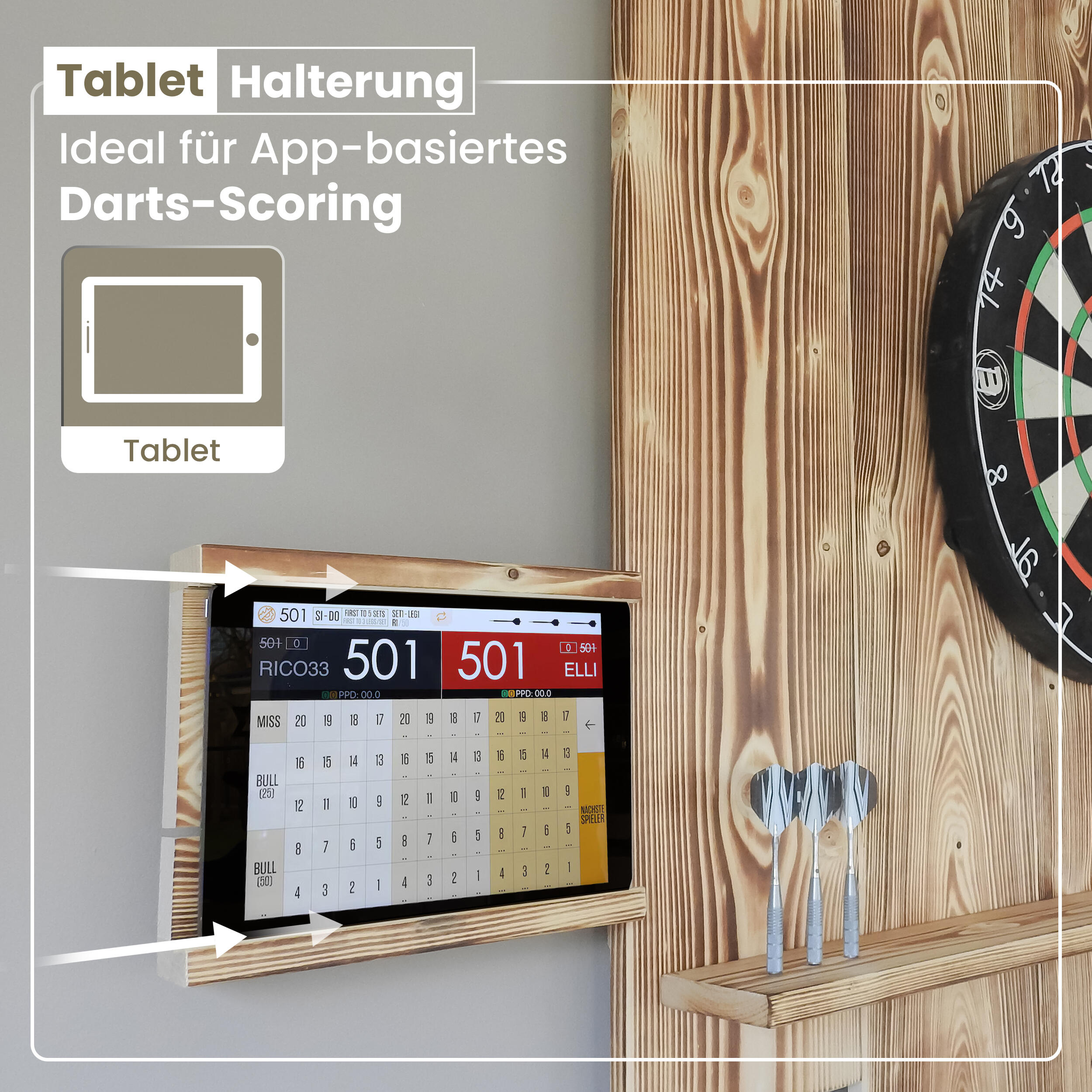WOODEN Dartboard Surround | Premium Dart-Wandschutz | MIT Tablet-Halter 3/6