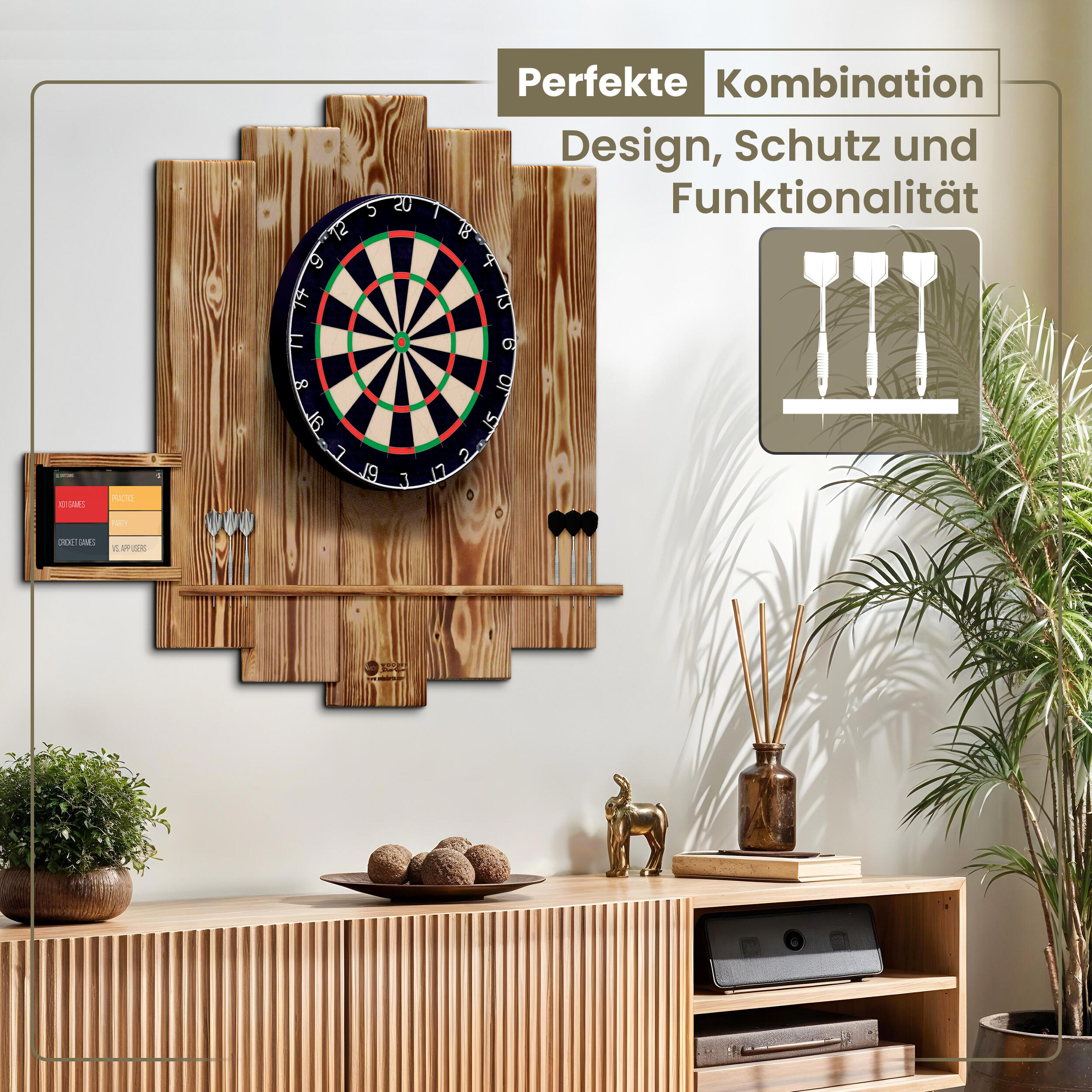 WOODEN Dartboard Surround | Premium Dart-Wandschutz | MIT Tablet-Halter 2/6