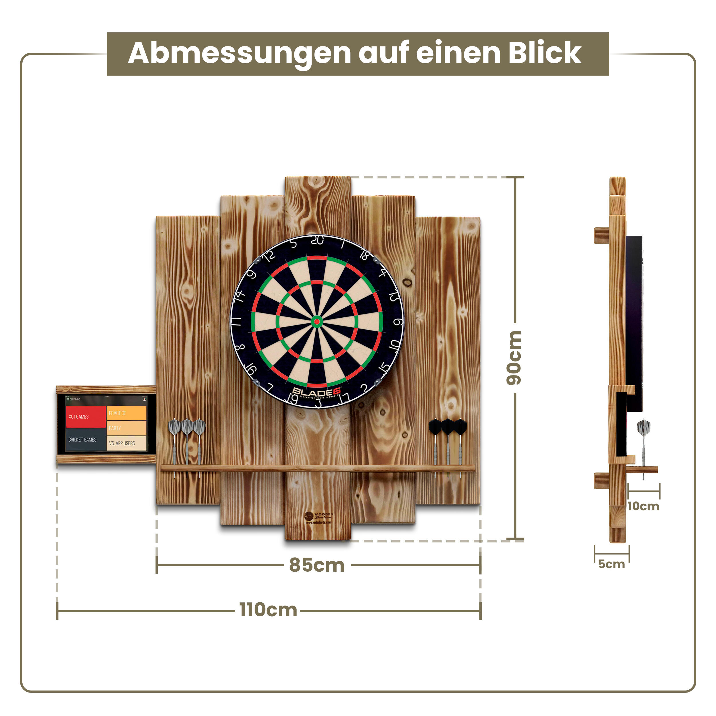 WOODEN Dartboard Surround | Premium Dart-Wandschutz | MIT Tablet-Halter 5/6