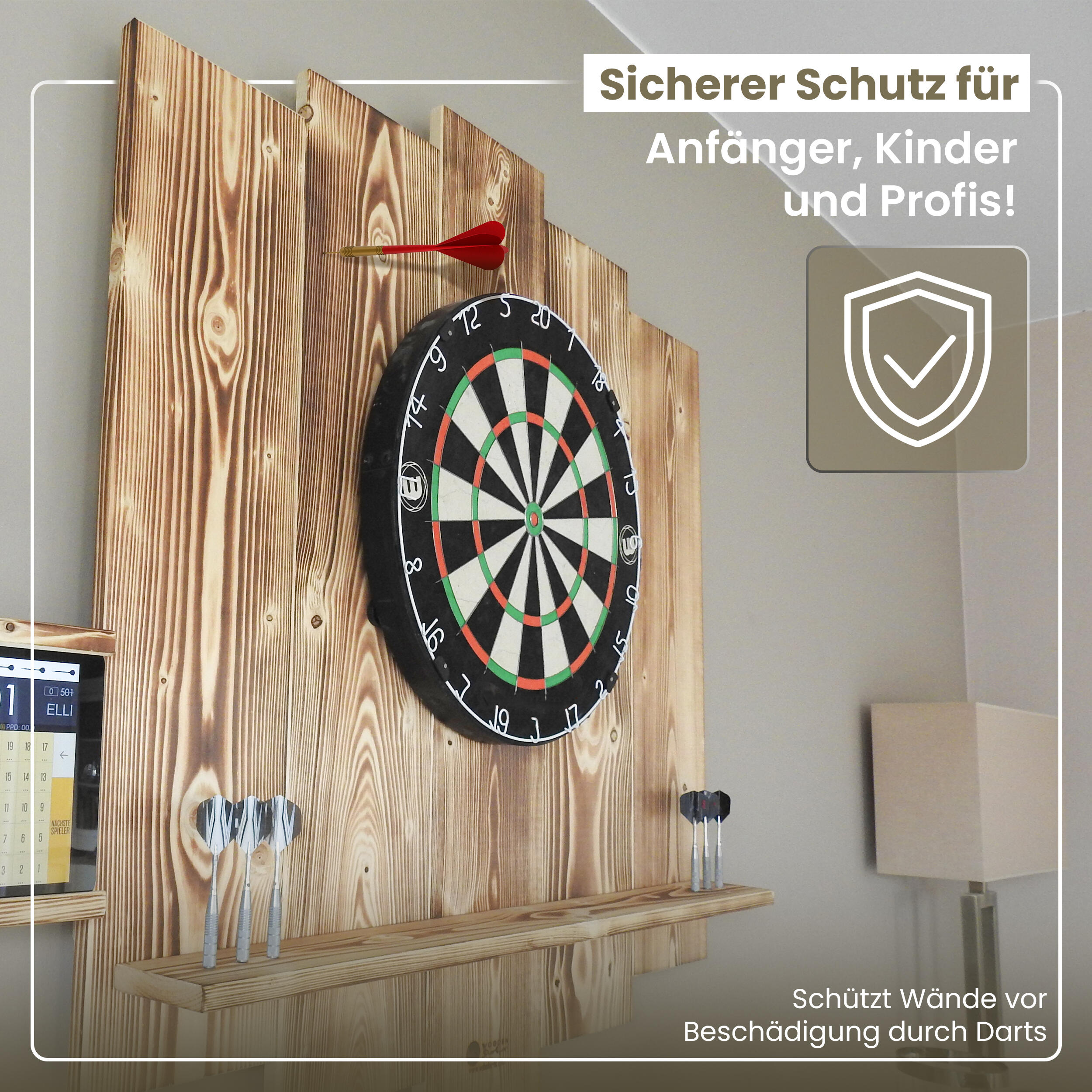 WOODEN Dartboard Surround | Premium Dart-Wandschutz | MIT Tablet-Halter 4/6