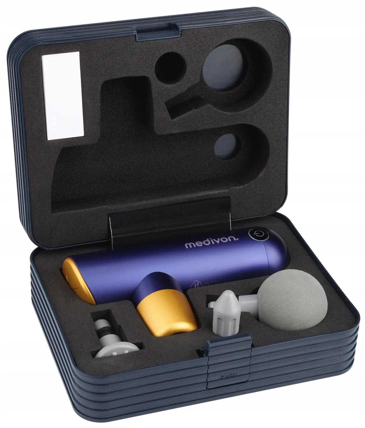 Gun Y Pro, mini massagepistool, 4 koppen, blauw/goud 7/7