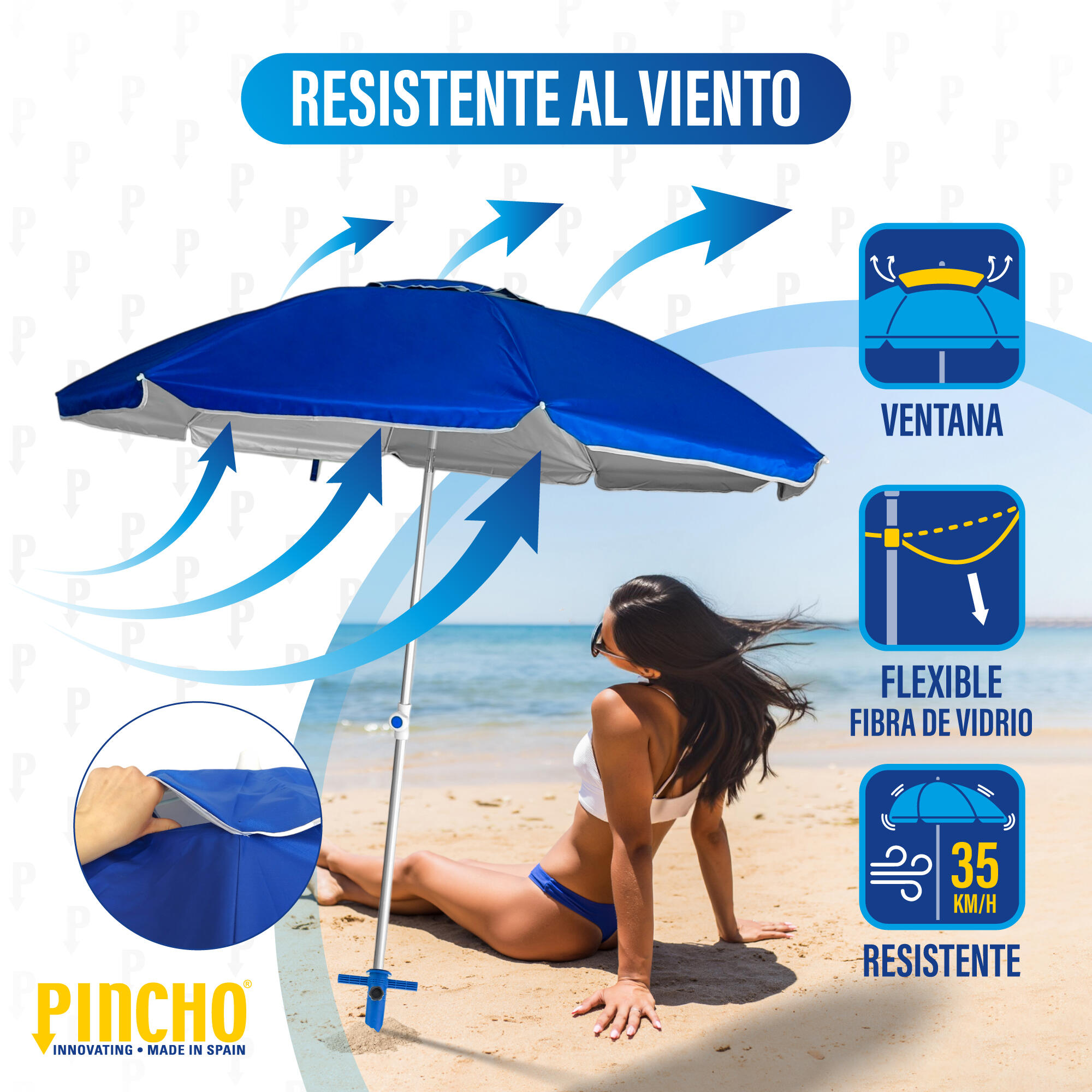 Sombrilla de Playa 2m UV50+ con Pincho de Aluminio, Resistente al Viento 2/7