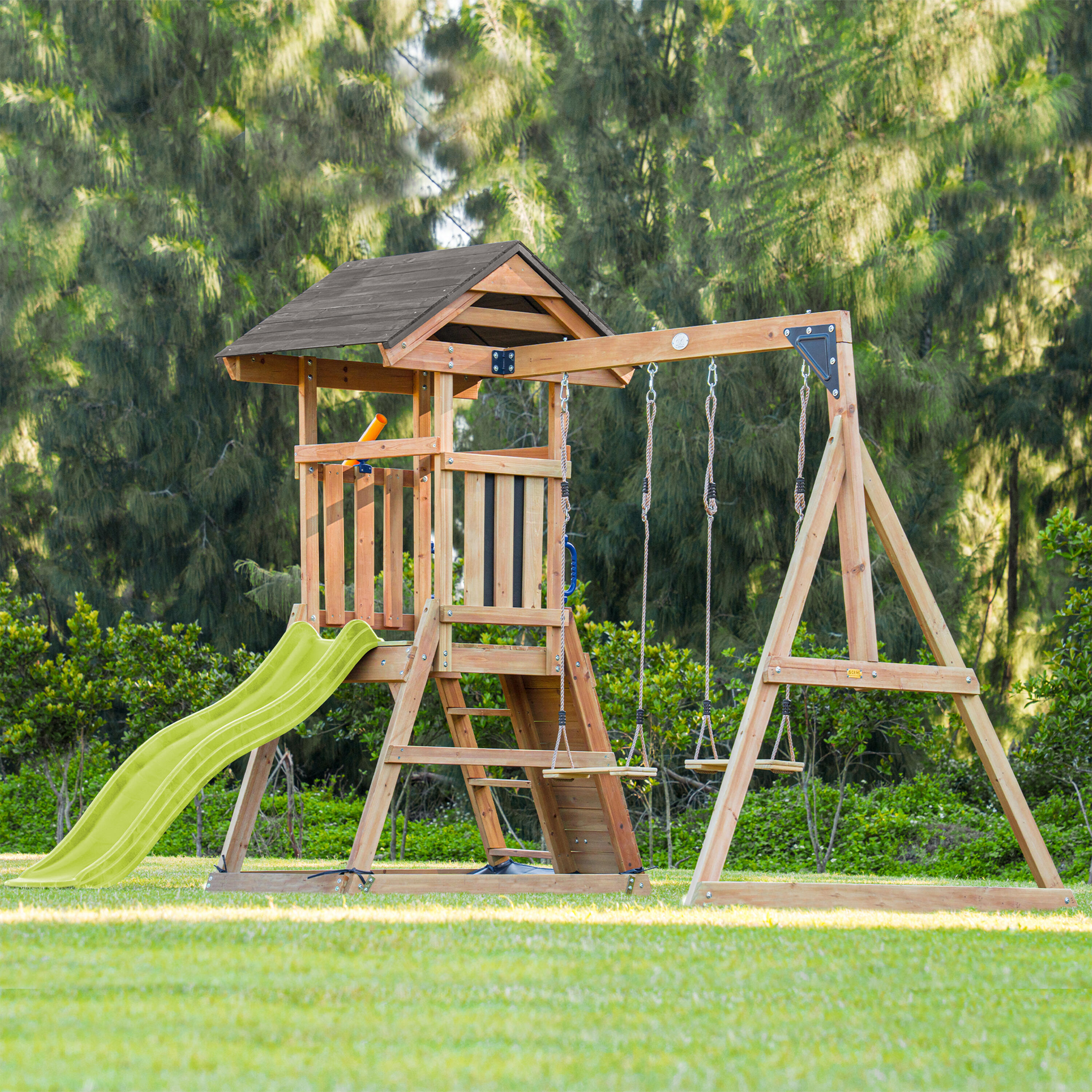 Aire de jeux avec balançoire double marron, Mia - toboggan vert citron 6/7