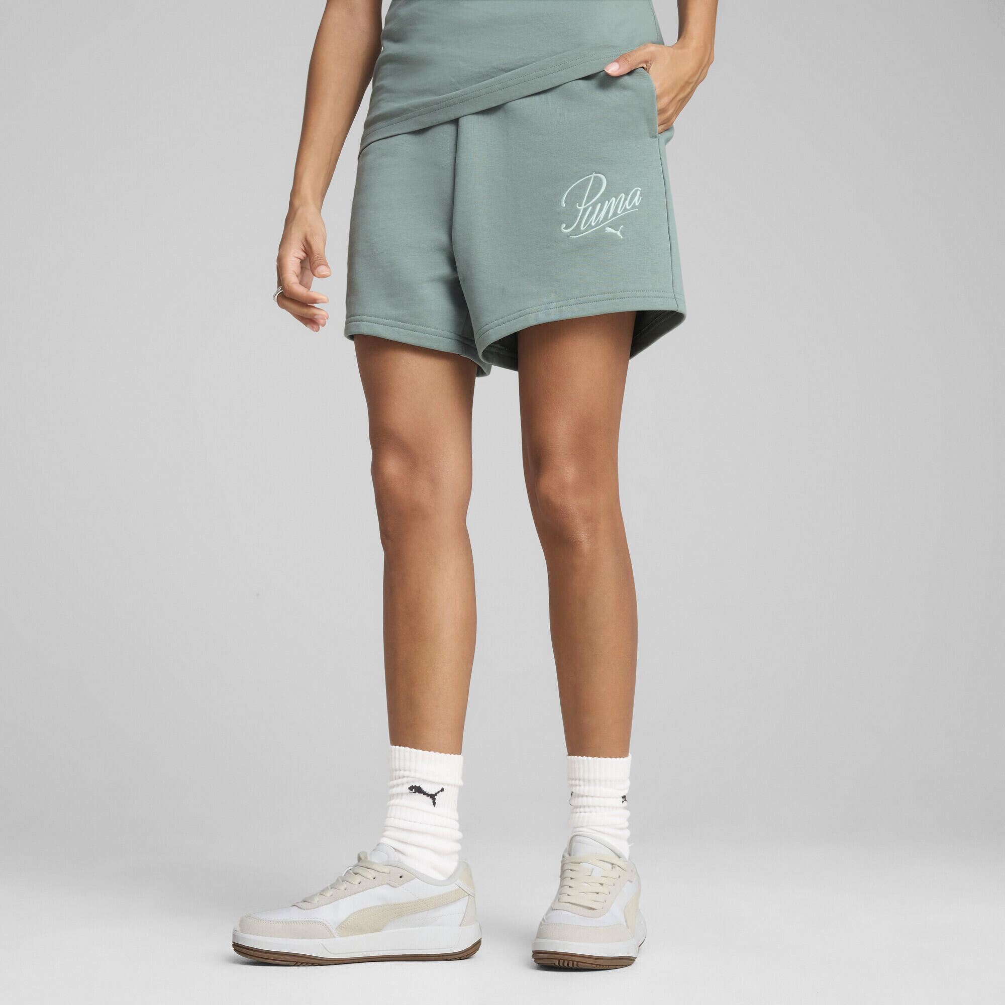 Short 5" taille haute ESS SCRIPT Femme PUMA Green Moon 2/7