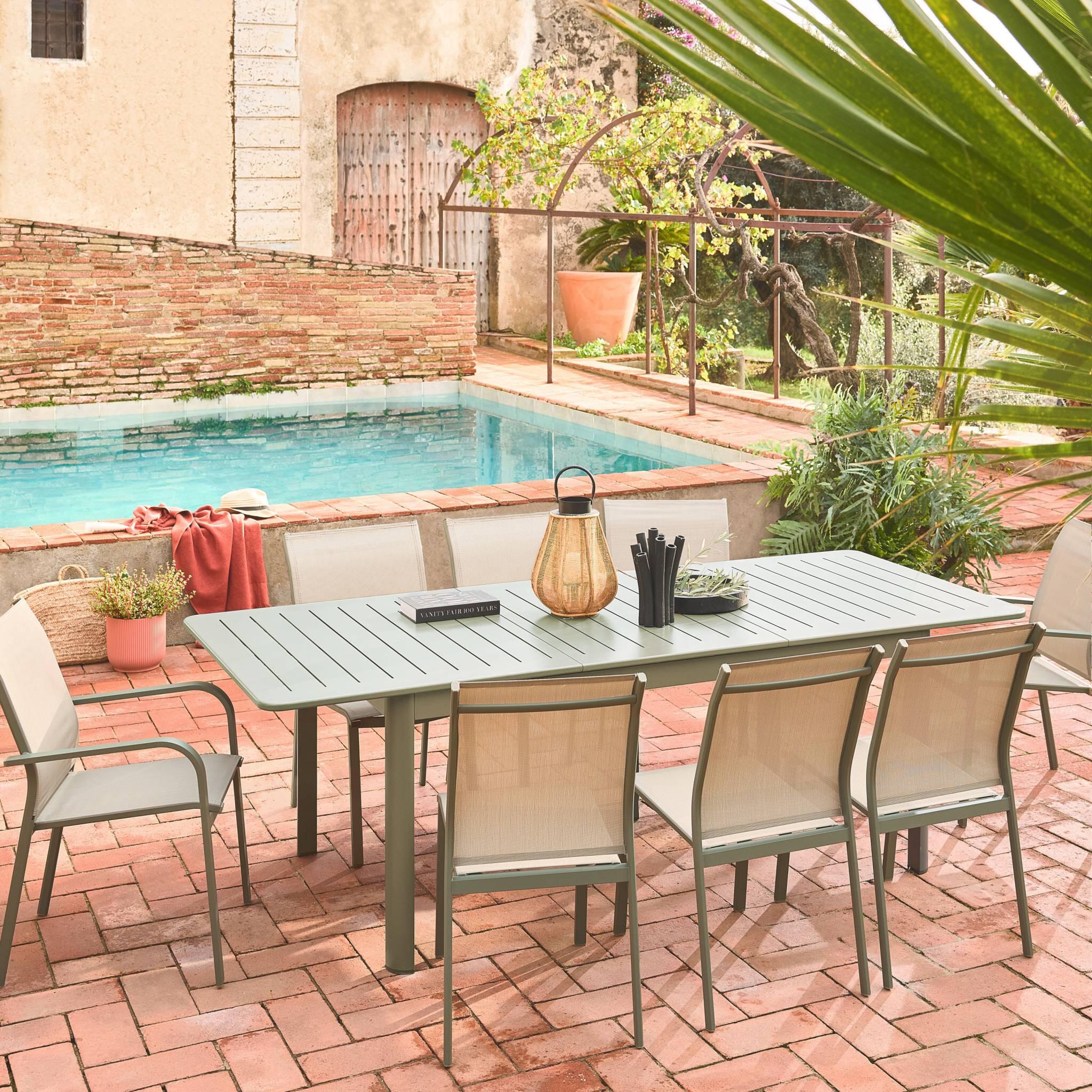 Silla de jardín apilable de aluminio y textilene, set de 4, Verde kaki 3/6