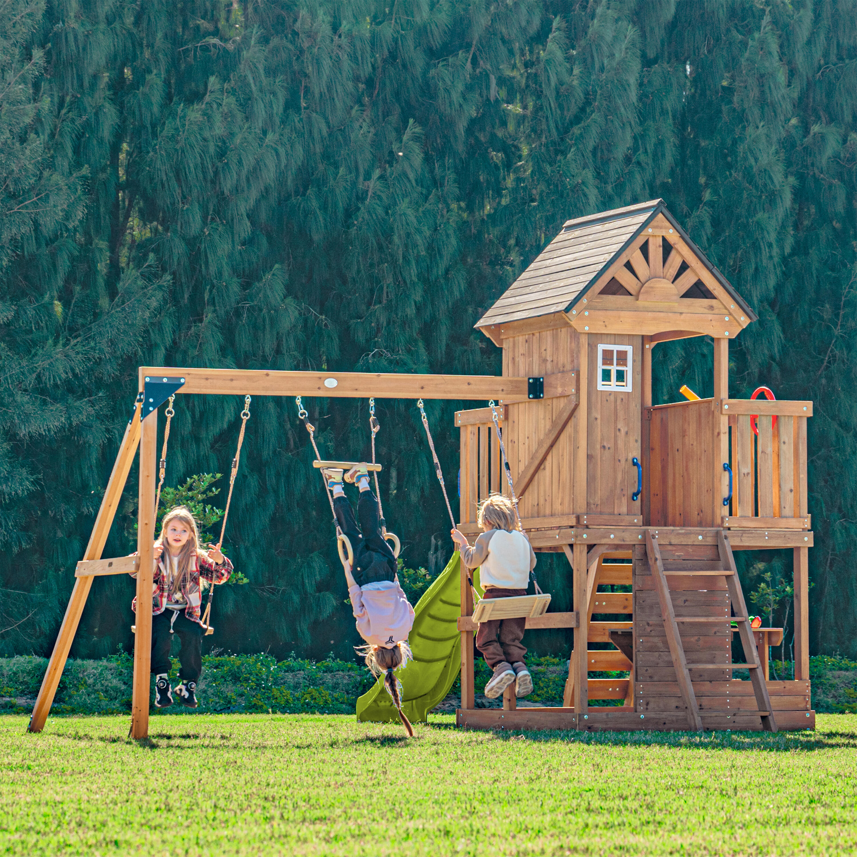 Parque Infantil Jack con columpio doble y trapecio marrón - tobogán verde 4/7