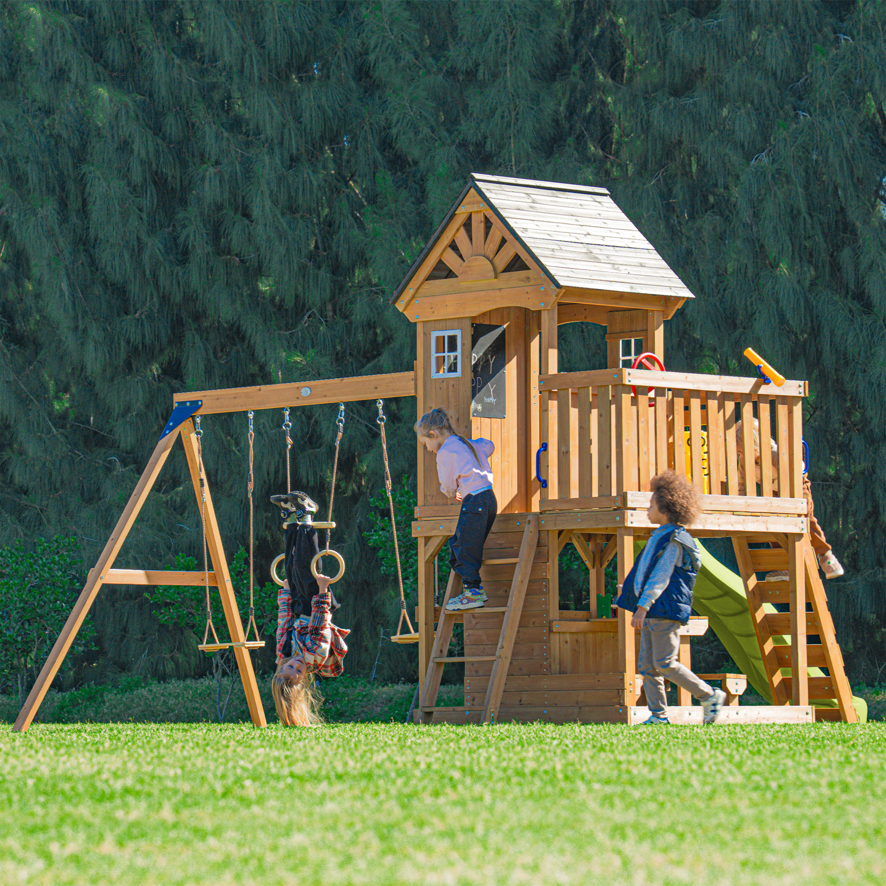 Parque Infantil Jack con columpio doble y trapecio marrón - tobogán verde 6/7