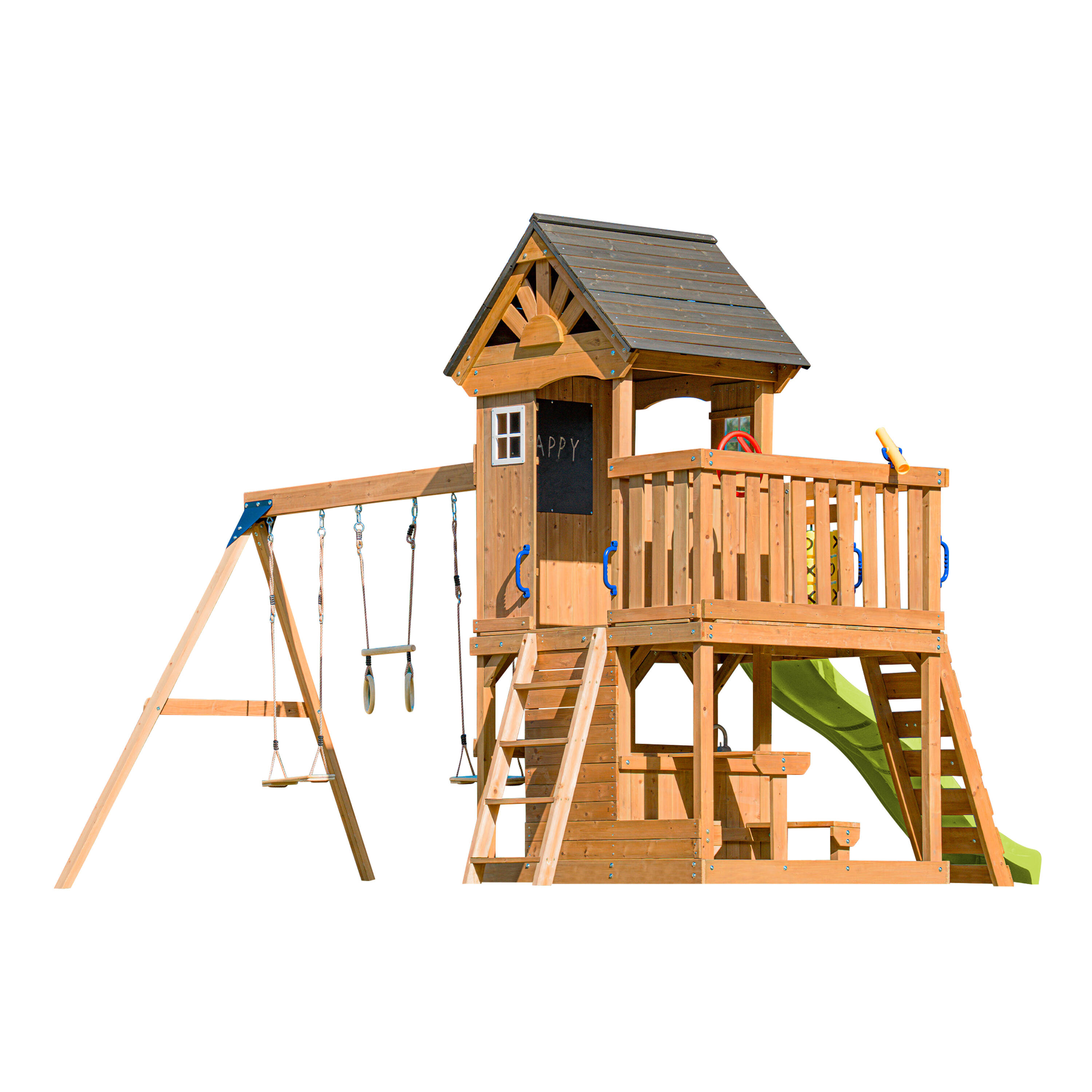 Parque Infantil Jack con columpio doble y trapecio marrón - tobogán verde 2/7