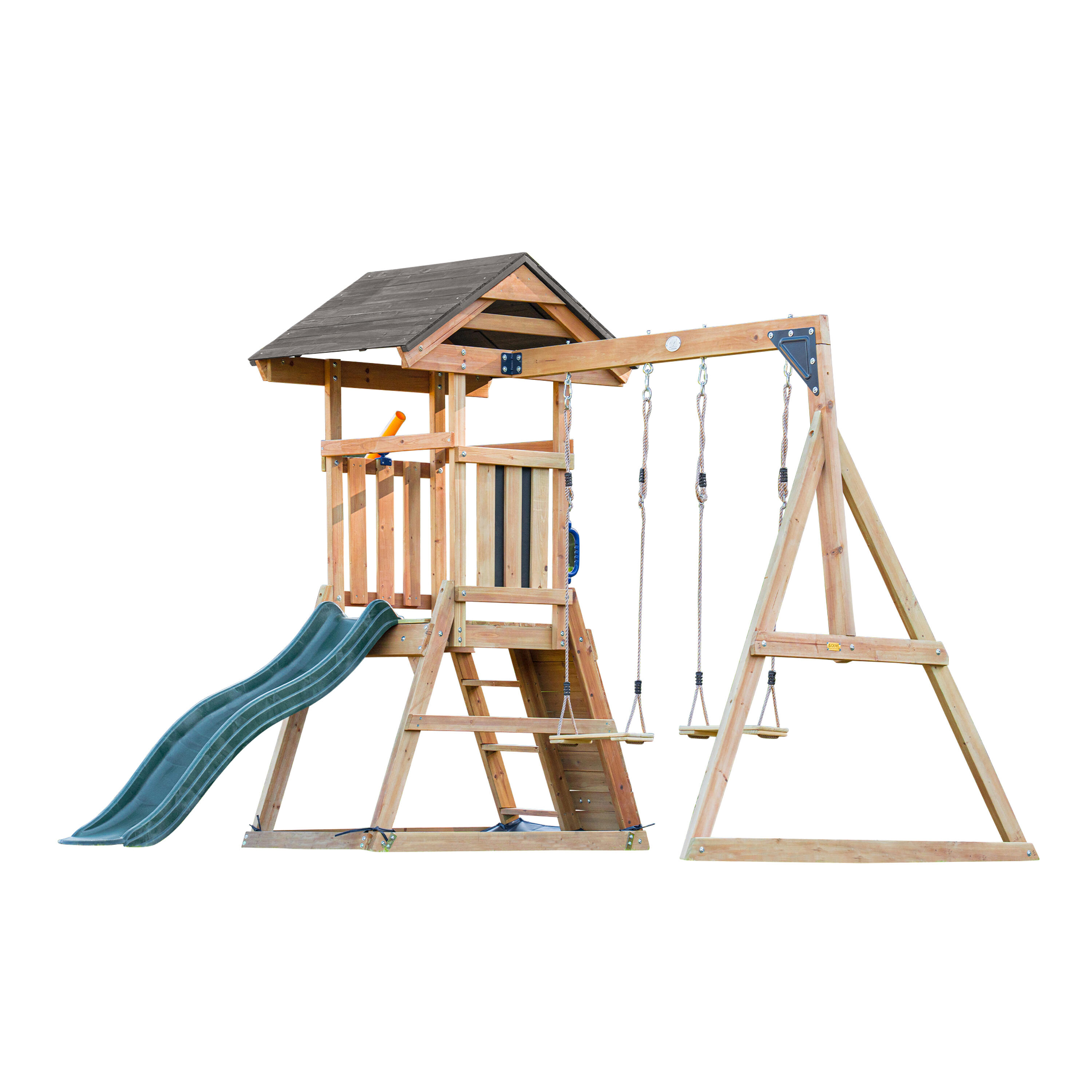 Parque Infantil con columpio doble marrón, Mia - tobogán verde 2/7