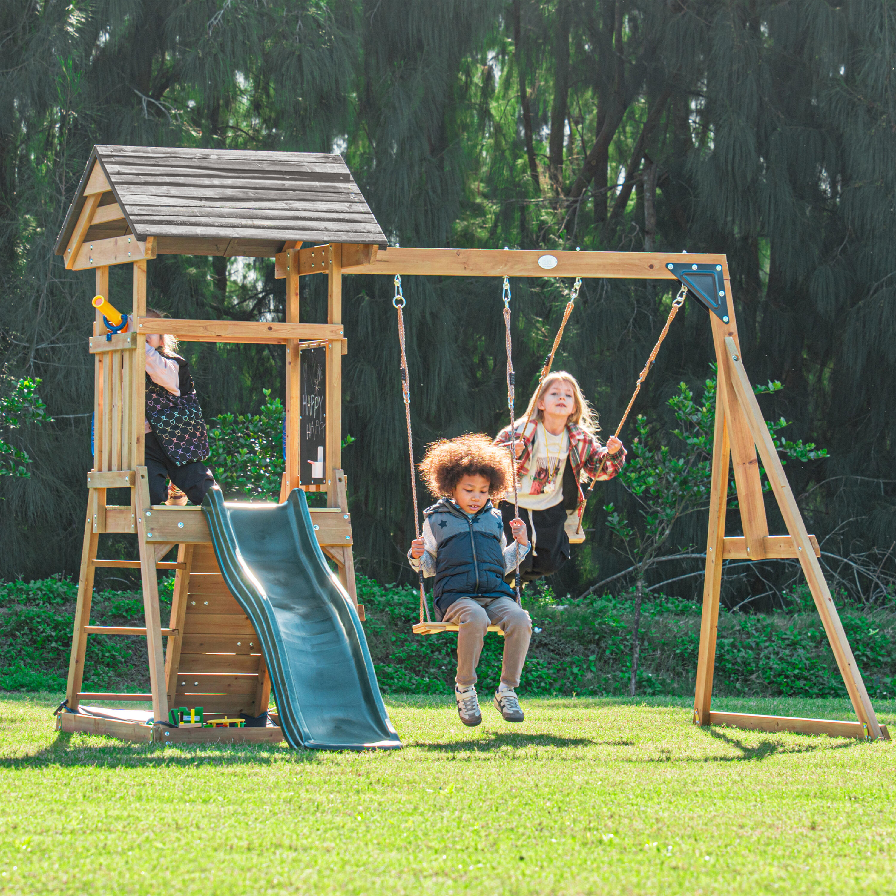 Parque Infantil con columpio doble marrón, Mia - tobogán verde 4/7