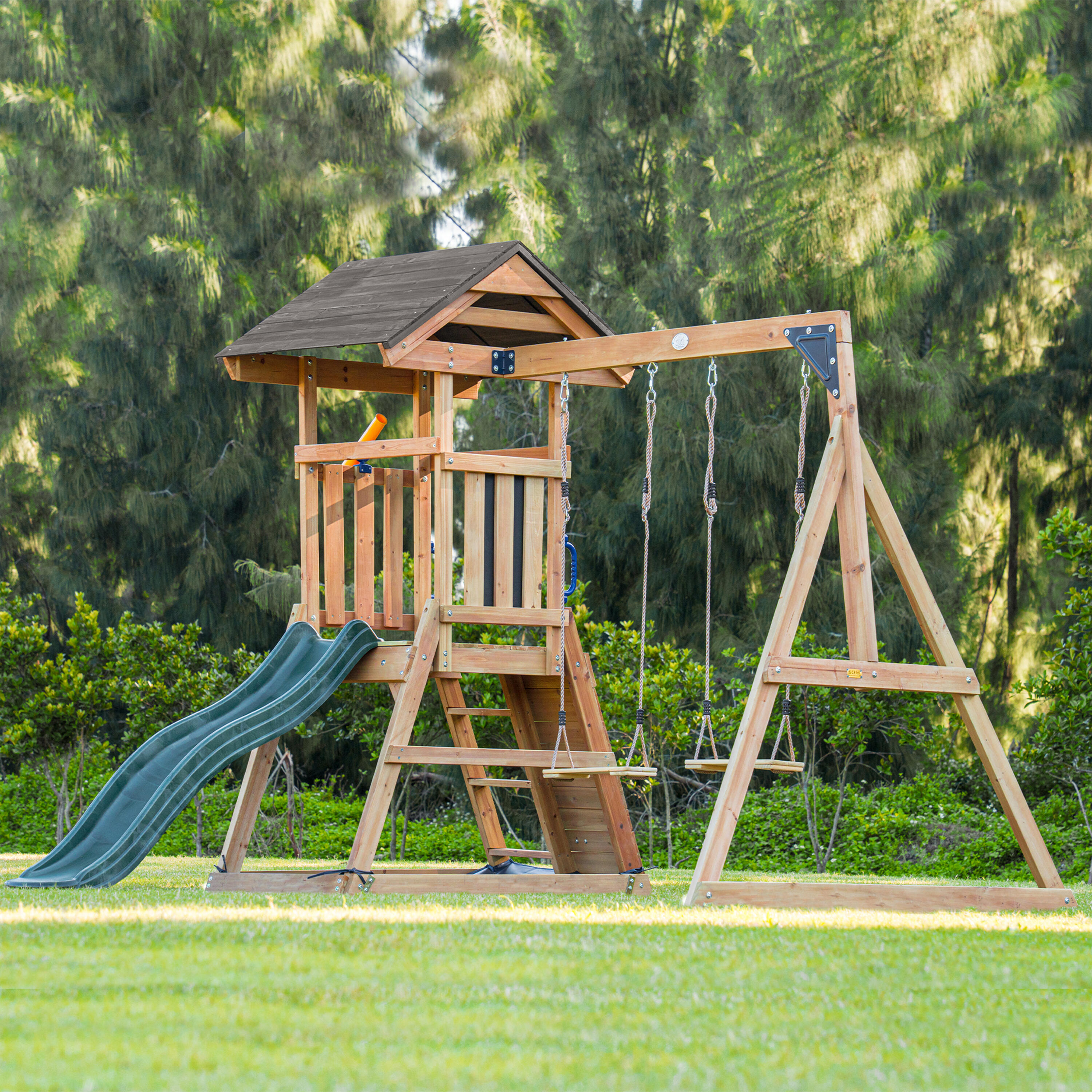 Parque Infantil con columpio doble marrón, Mia - tobogán verde 6/7