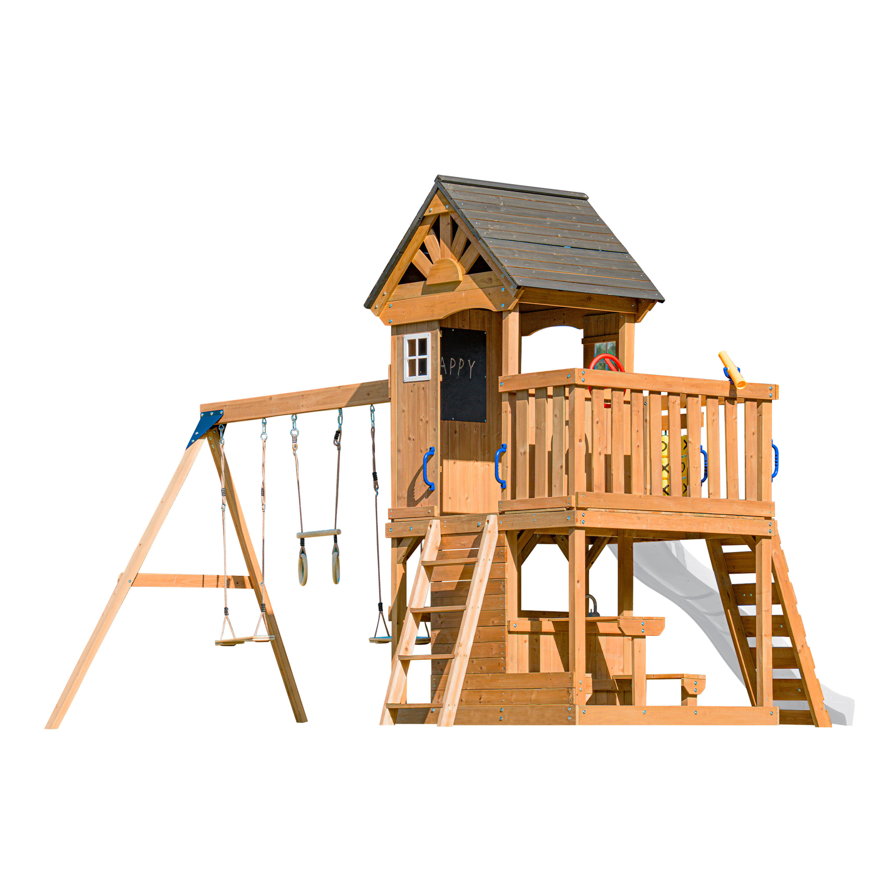 Parque Infantil Jack con columpio doble y trapecio marrón - tobogán blanco 2/7