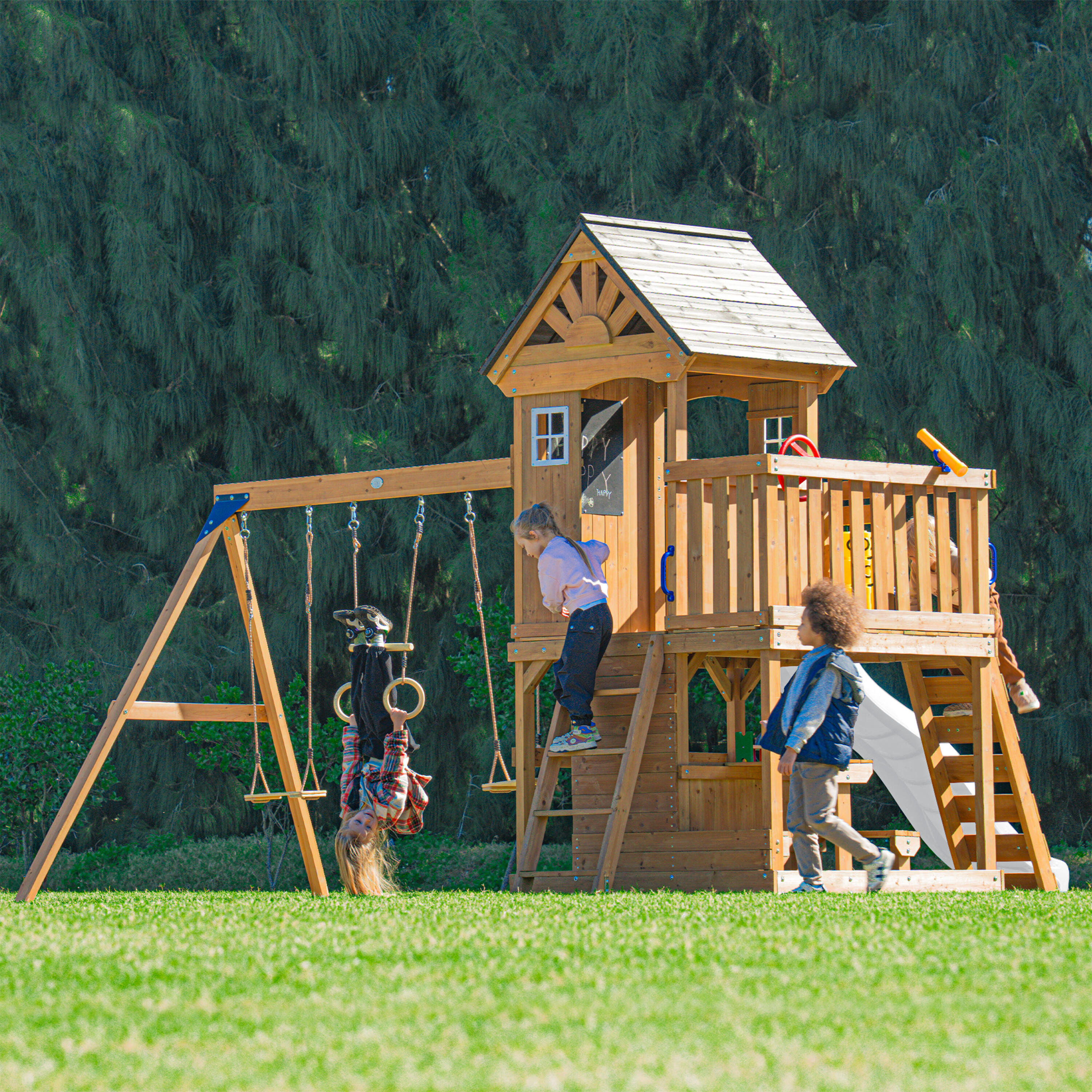 Parque Infantil Jack con columpio doble y trapecio marrón - tobogán blanco 6/7