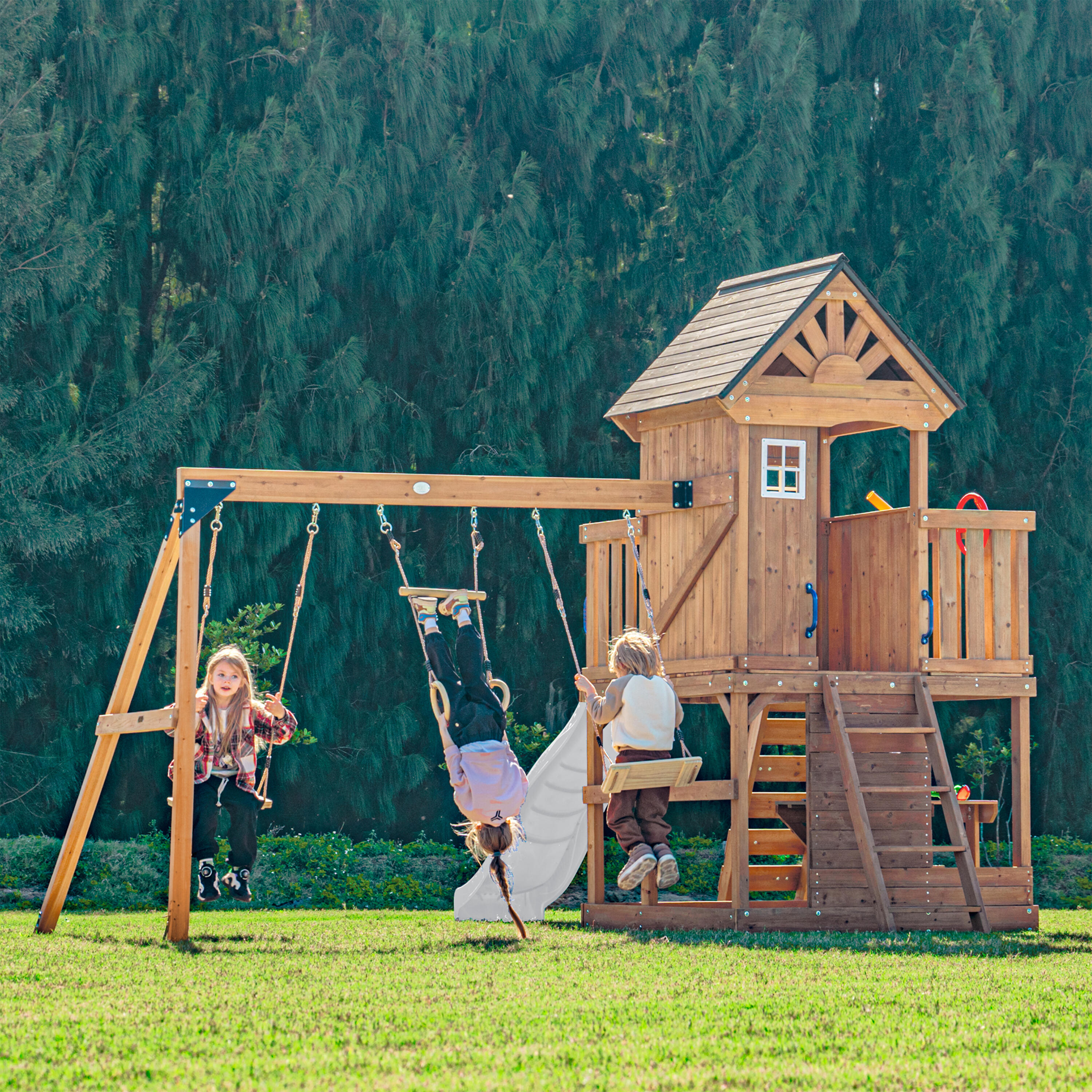 Parque Infantil Jack con columpio doble y trapecio marrón - tobogán blanco 4/7