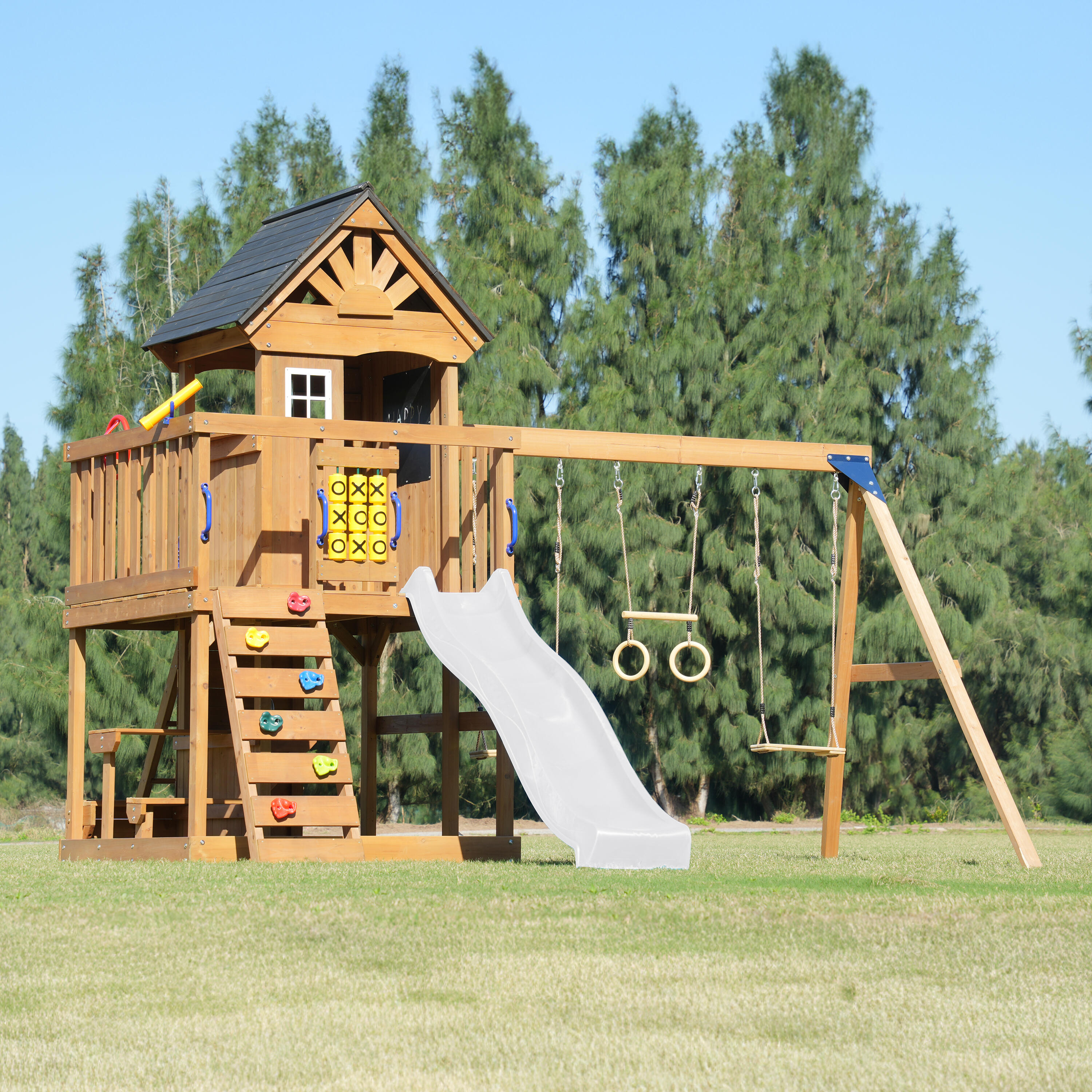 Parque Infantil Jack con columpio doble y trapecio marrón - tobogán blanco 3/7