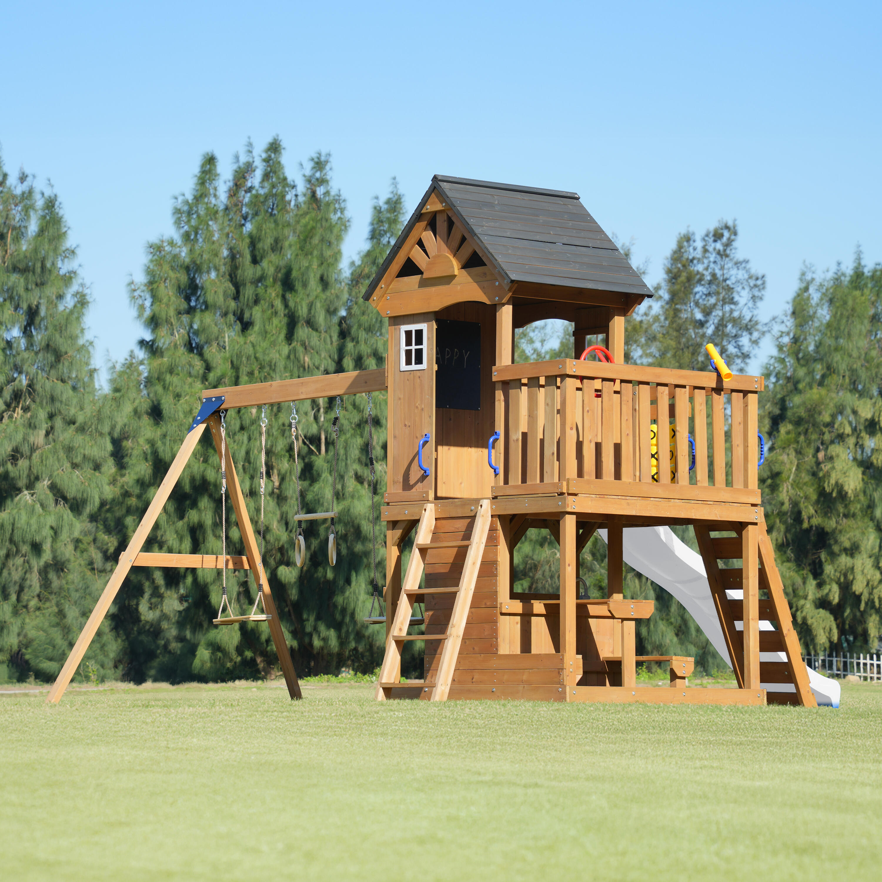 Parque Infantil Jack con columpio doble y trapecio marrón - tobogán blanco 7/7
