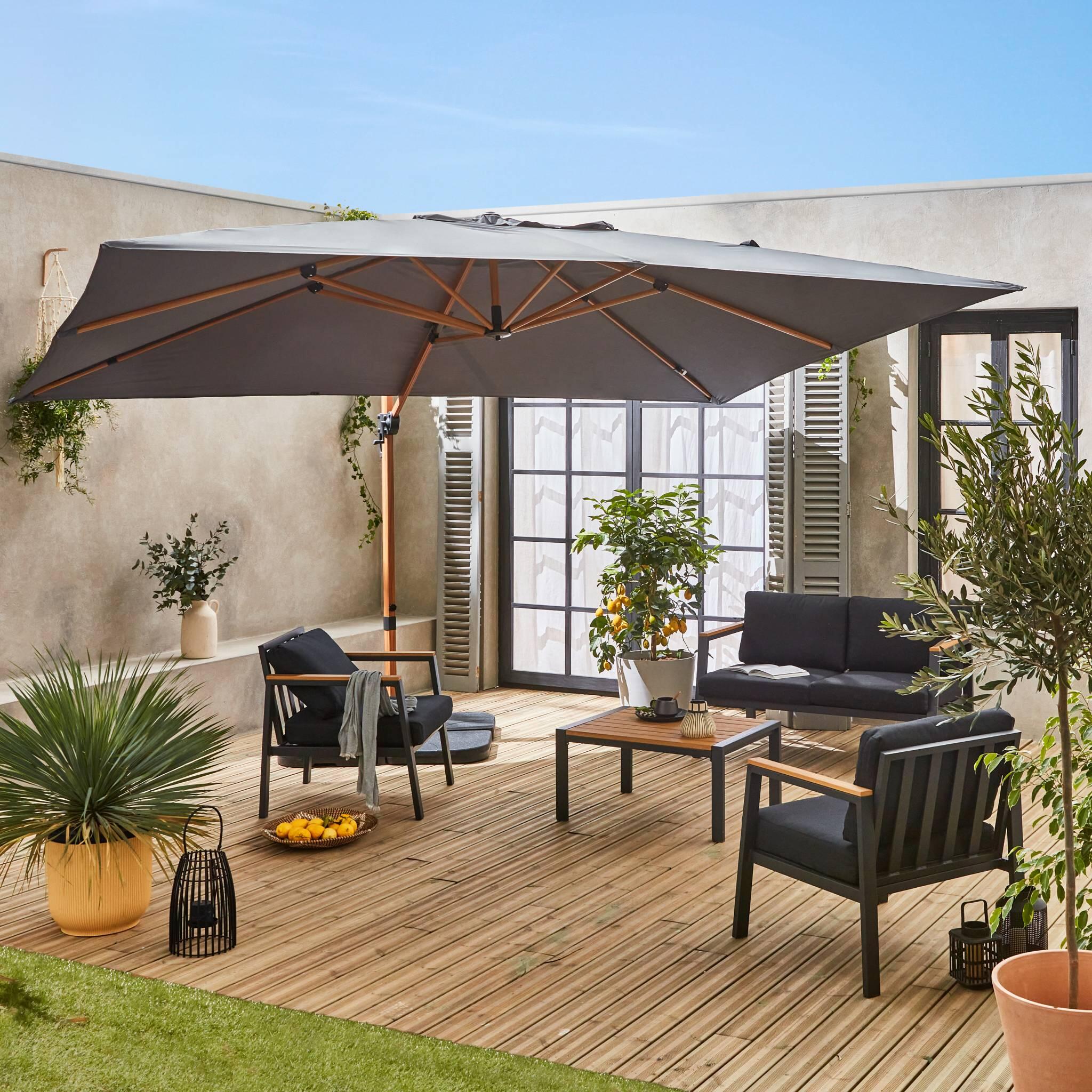 Guarda-sol retangular 3x4m, poste com efeito madeira, Cinza 2/6