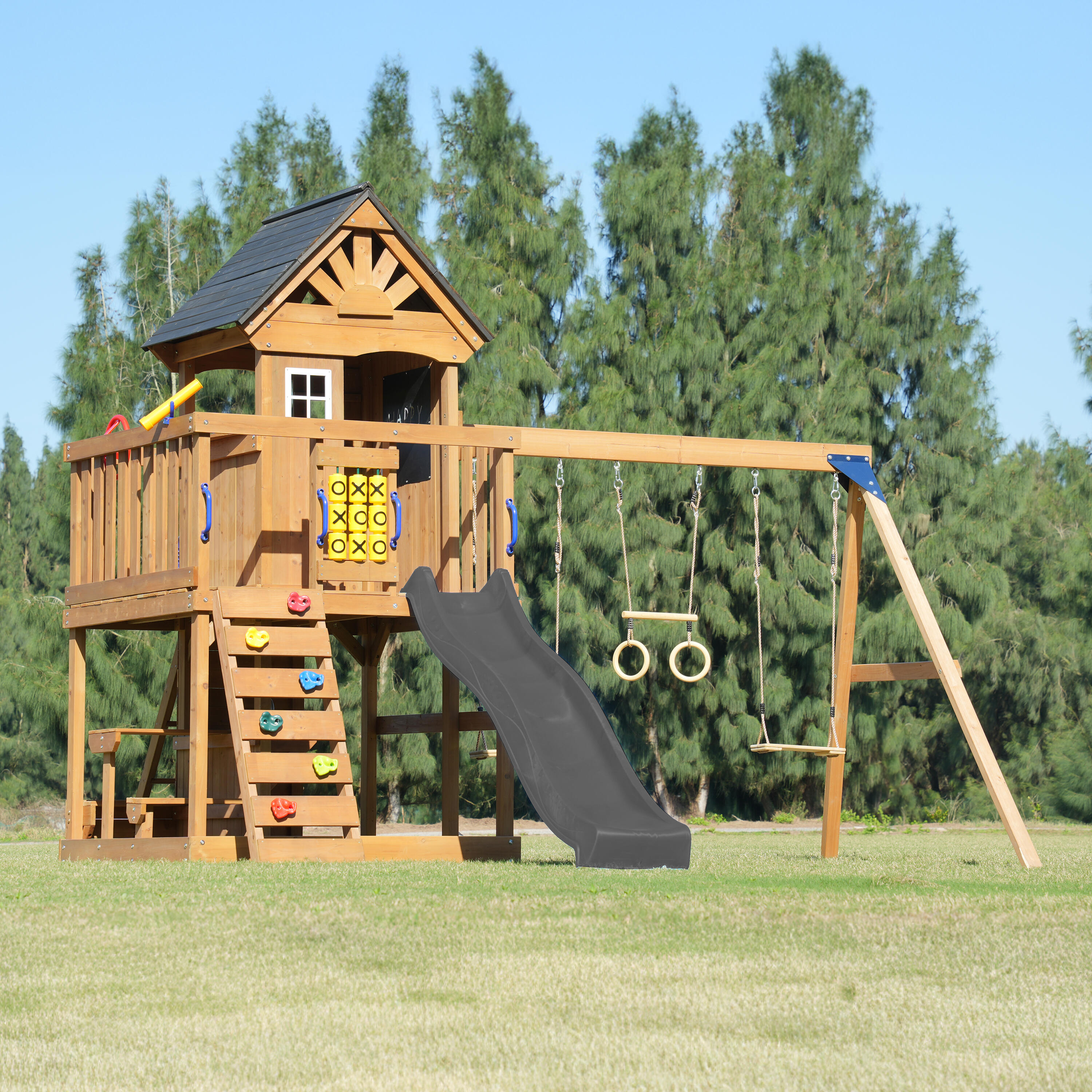 Parque Infantil Jack con columpio doble y trapecio marrón - tobogán gris 3/7