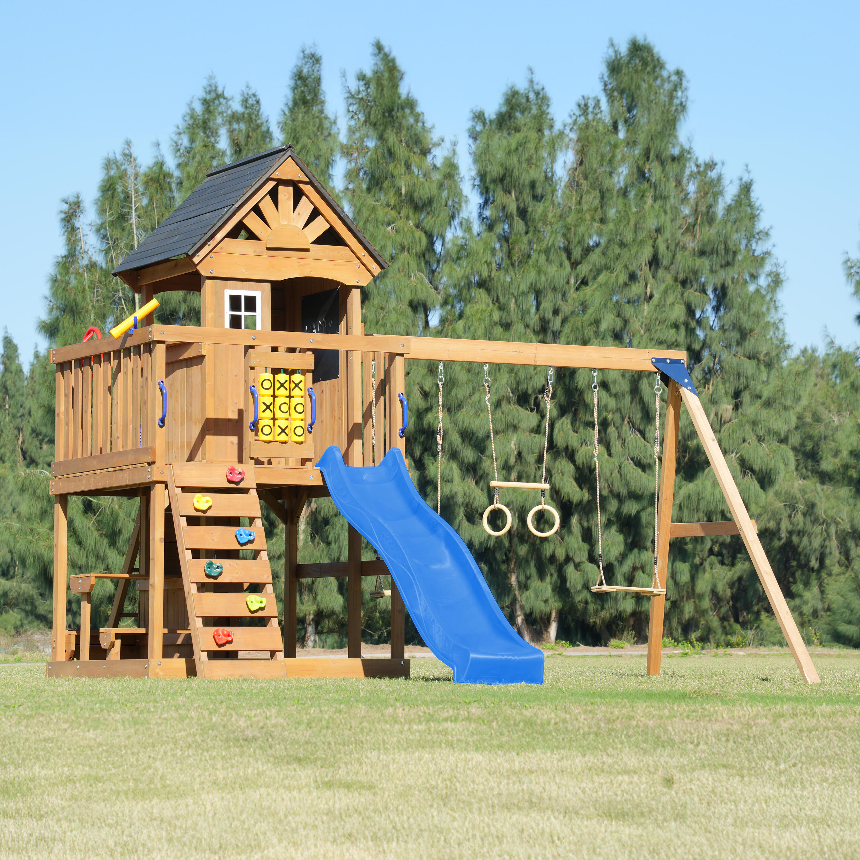 Parque Infantil Jack con columpio doble y trapecio marrón - tobogán azul 3/7