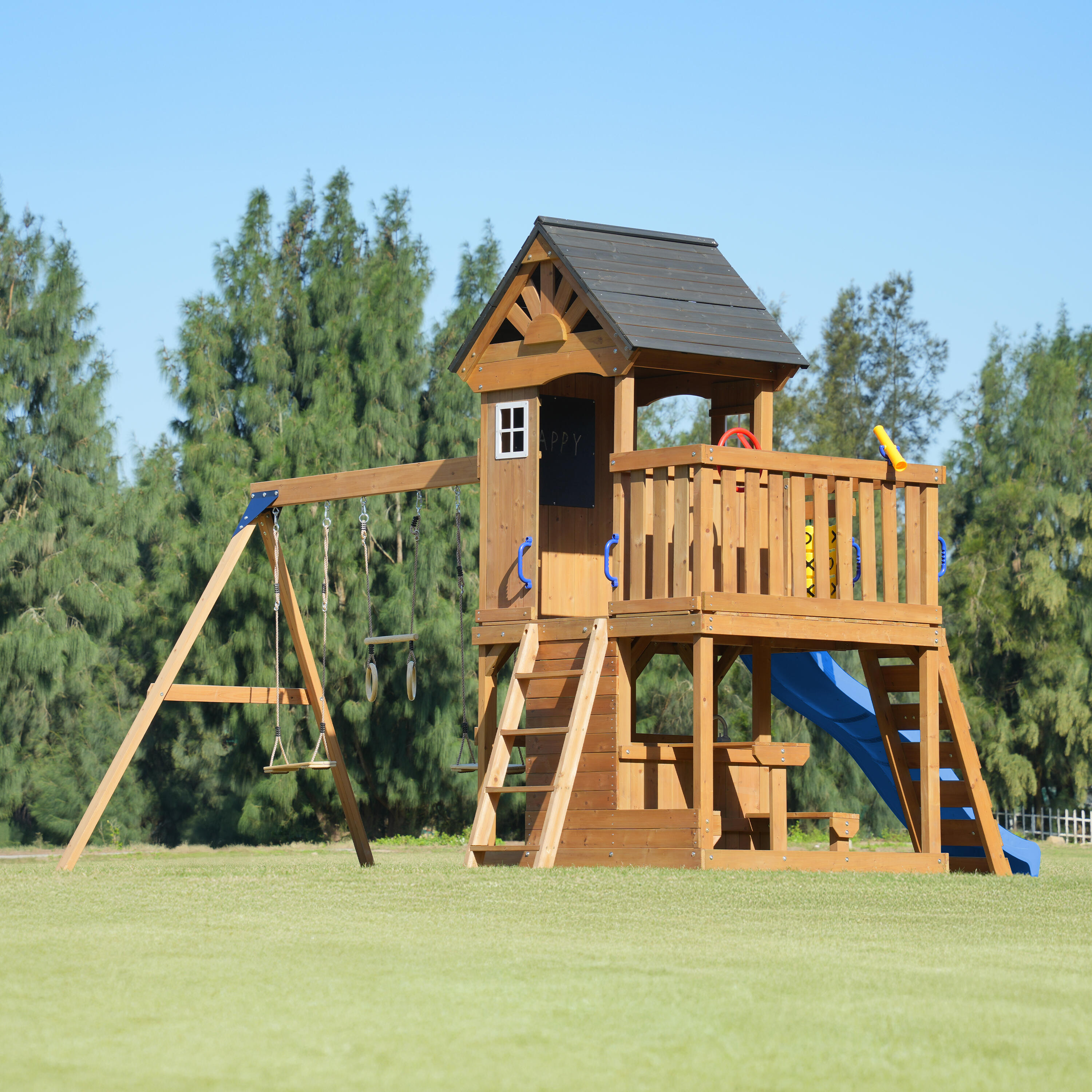 Parque Infantil Jack con columpio doble y trapecio marrón - tobogán azul 7/7