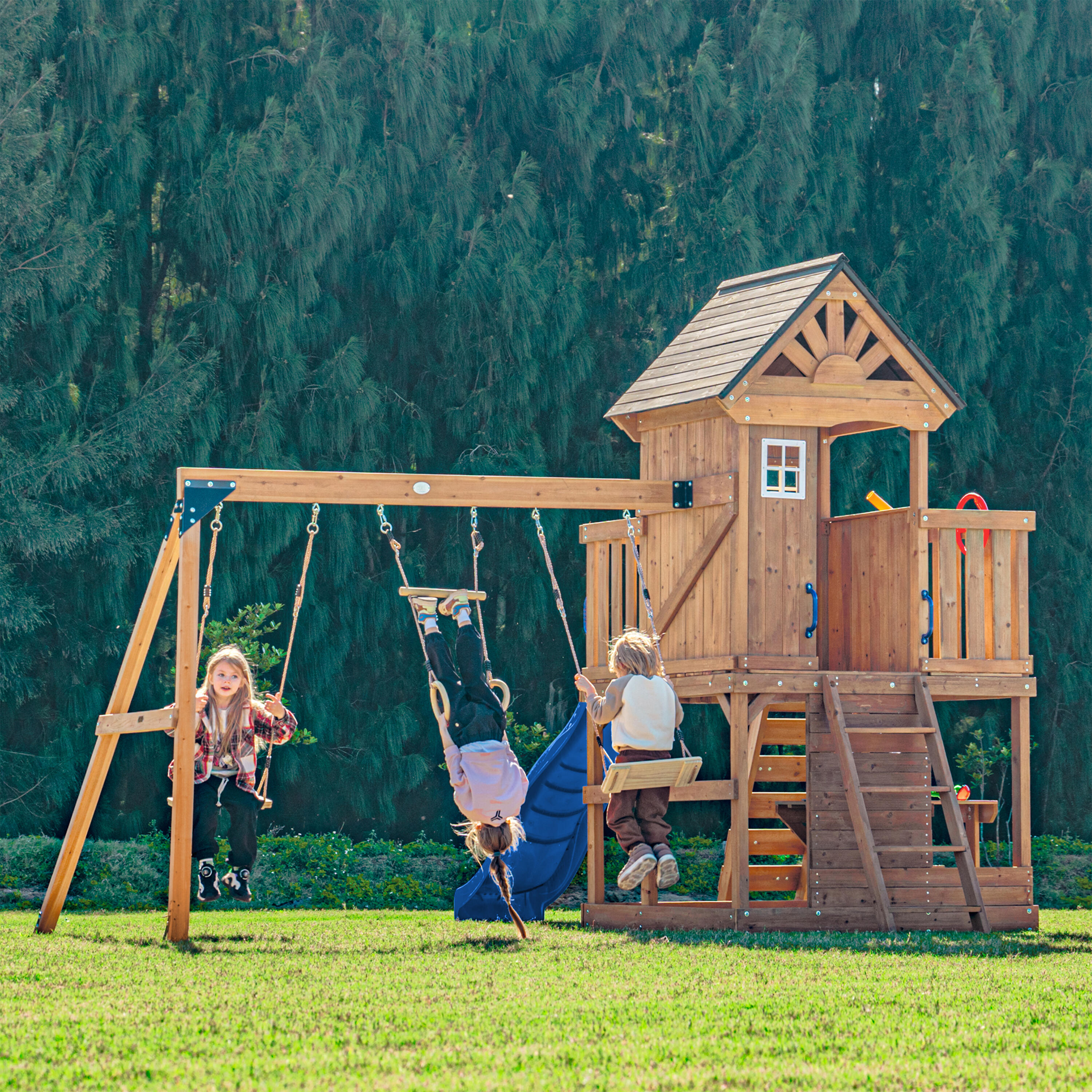 Parque Infantil Jack con columpio doble y trapecio marrón - tobogán azul 4/7