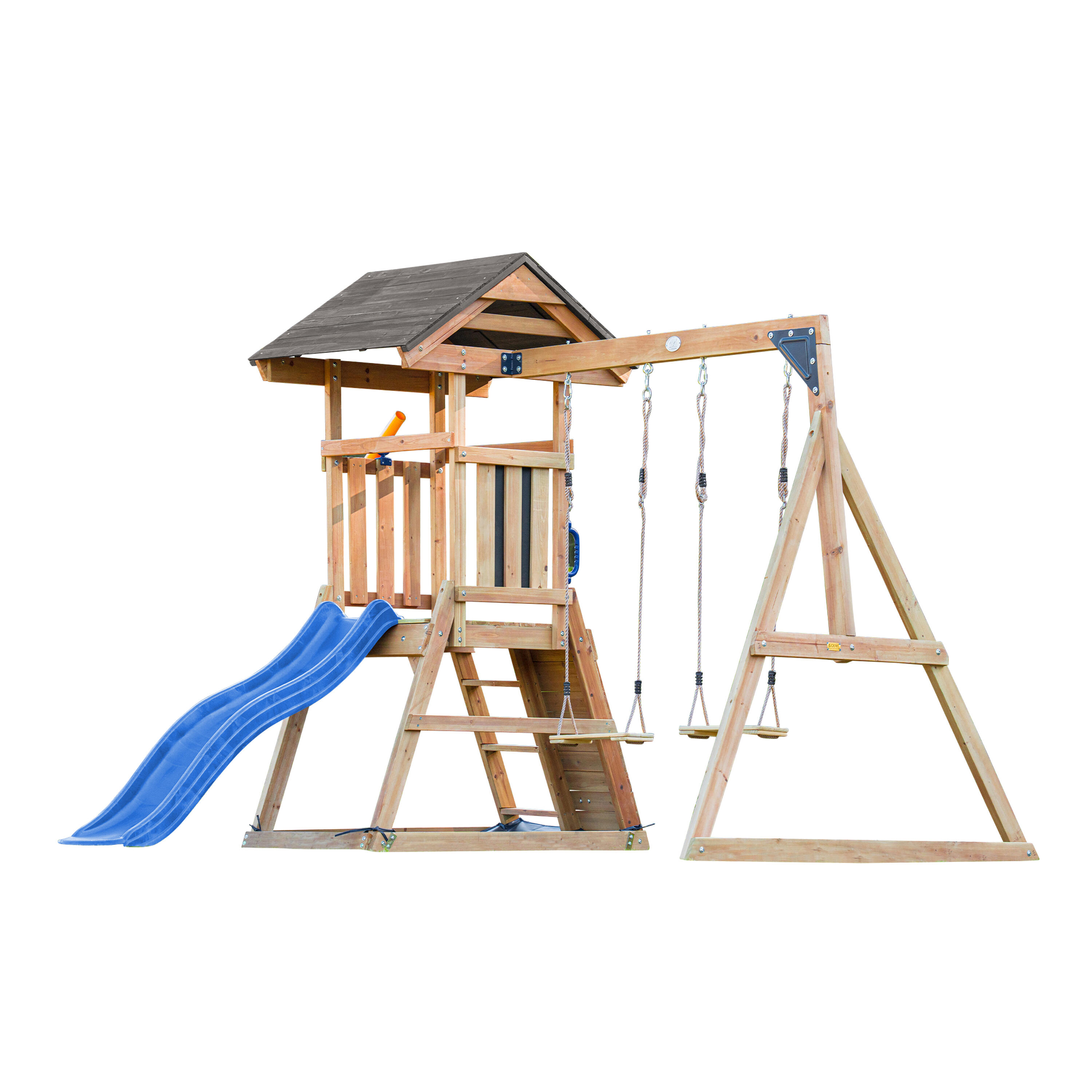 Struttura arrampicata con altalena doppia marrone, Mia - scivolo blu 2/7