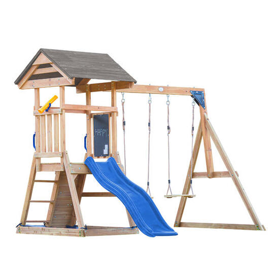 Aire de jeux avec balançoire double marron, Mia - toboggan bleue